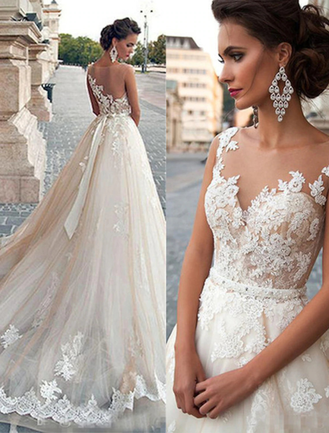 wholesale  Engagement Open Back Formal Wedding Dresses Ball Gown Illusion Neck Sleeveless Court Train Satin Bridal Gowns With Appliques