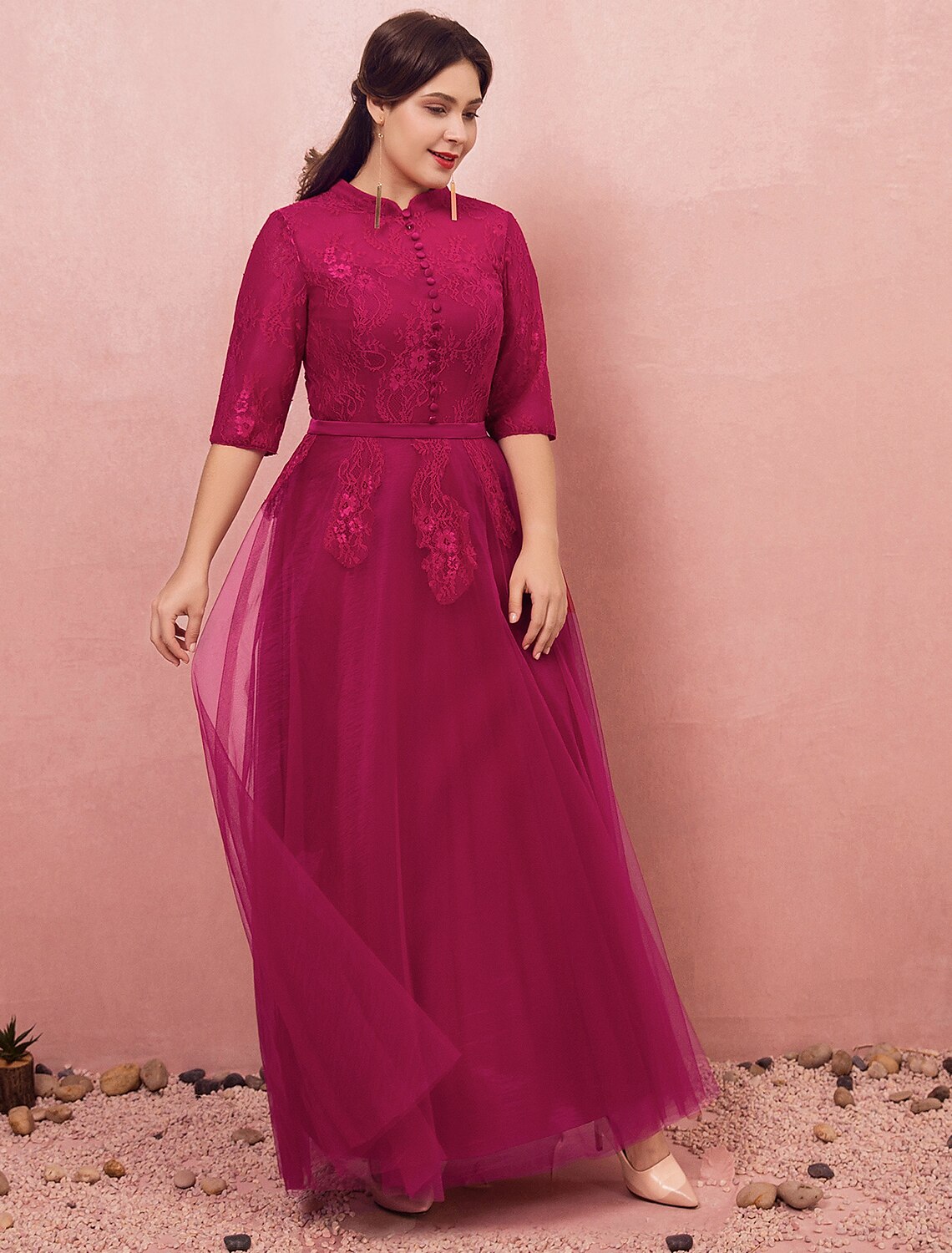 Wholesa A-Line Chinese Style Plus Size Engagement Formal Evening Dress High Neck Half Sleeve Floor Length Lace with Buttons