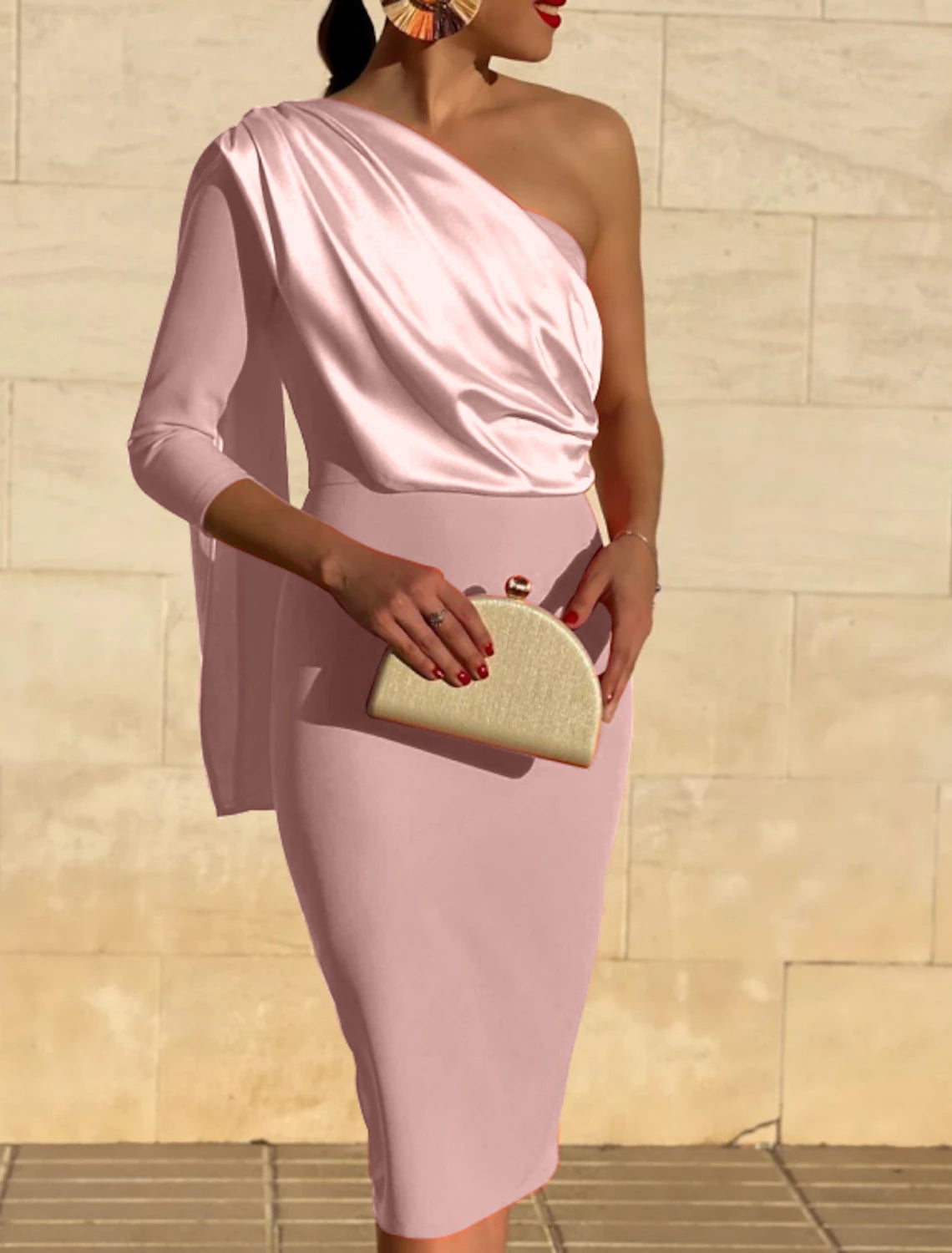 wholesale  Sheath / Column Cocktail Dresses Vintage Dress Fall Wedding Guest Dress Knee Length 3/4 Length Sleeve One Shoulder Stretch Fabric with Draping