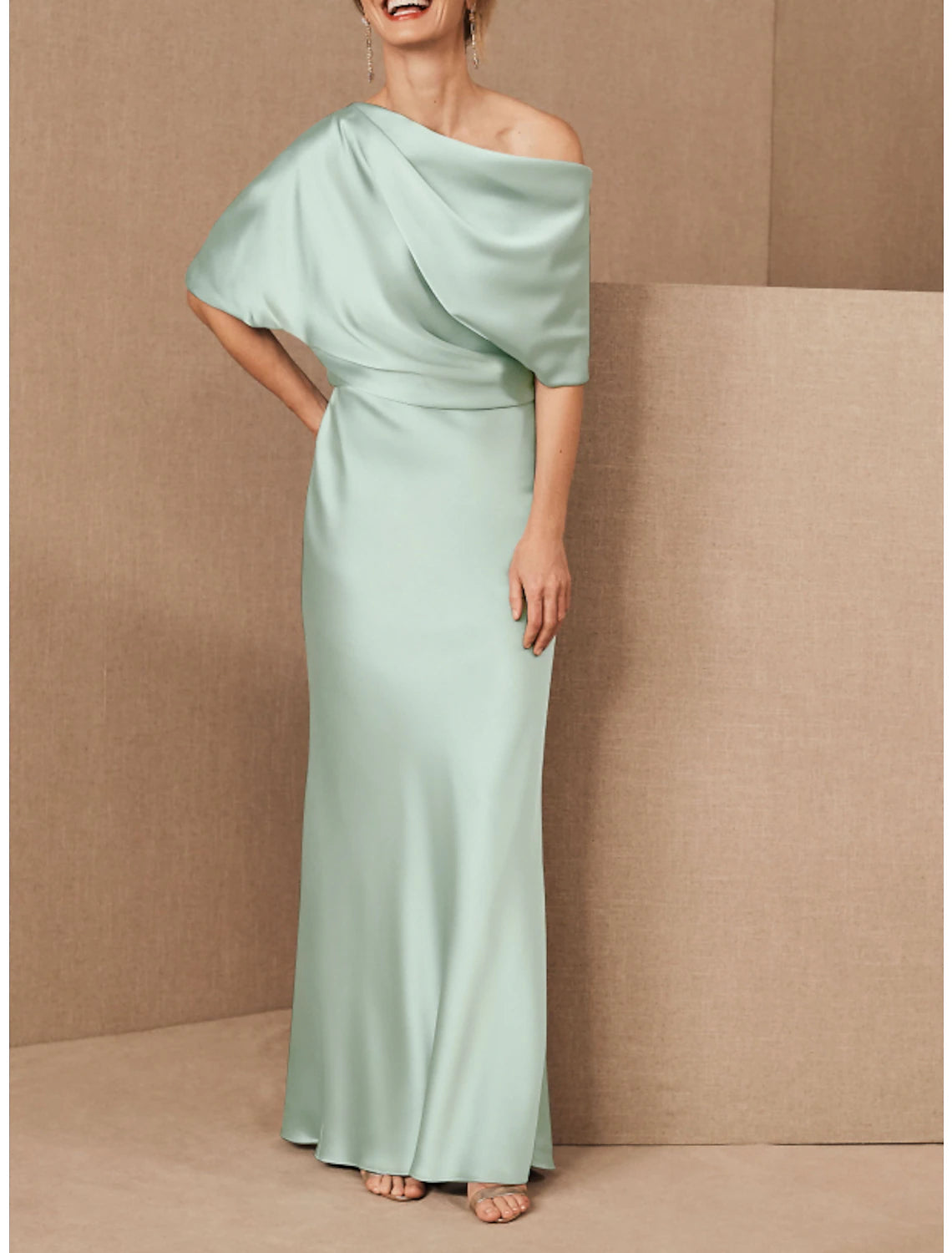 Wholesa Sheath / Column Mother of the Bride Dress Elegant One Shoulder Floor Length Charmeuse Half Sleeve with Draping