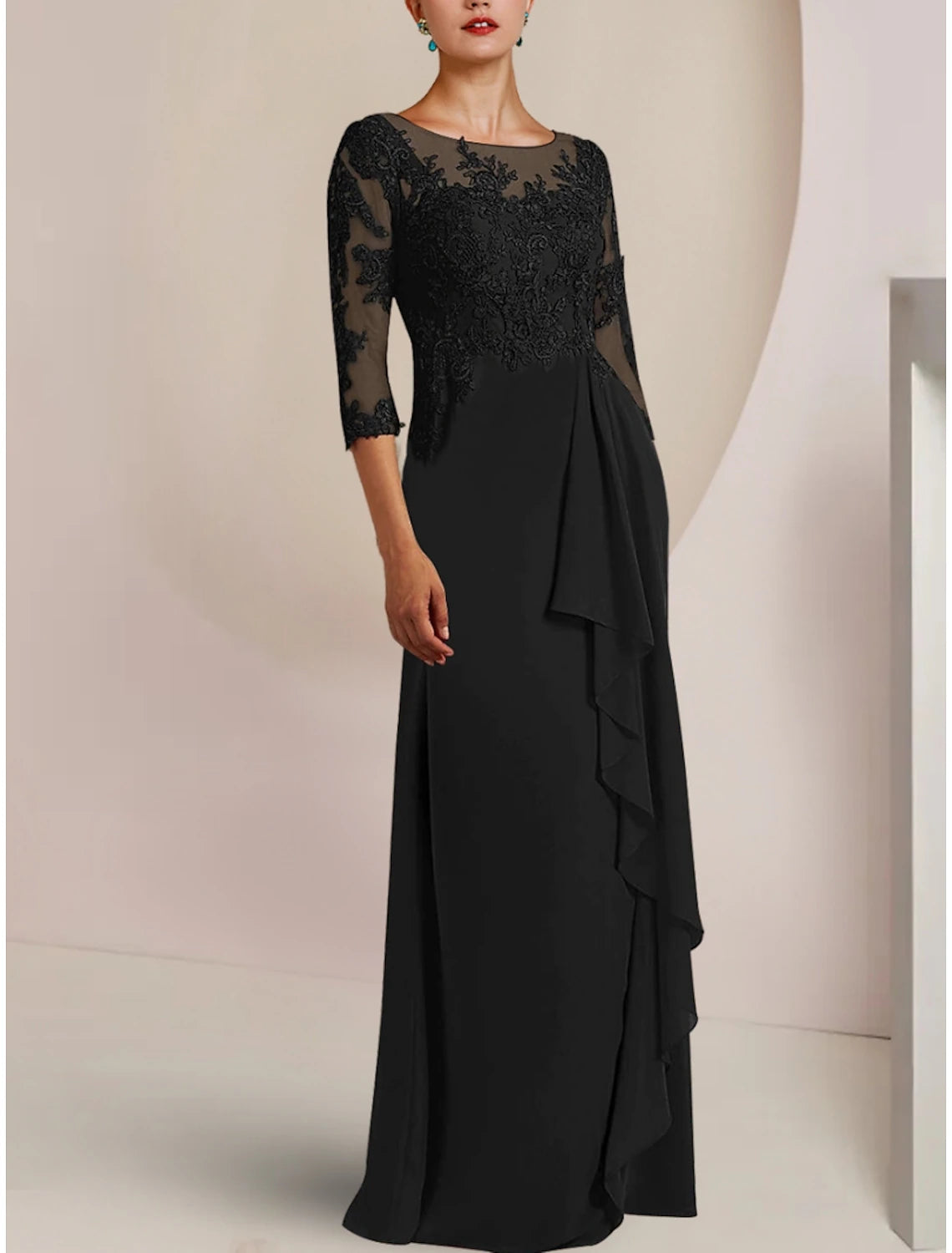 Wholesa A-Line Mother of the Bride Dress Wedding Guest Elegant Party Scoop Neck Sweep / Brush Train Chiffon Half Sleeve with Lace Ruffles