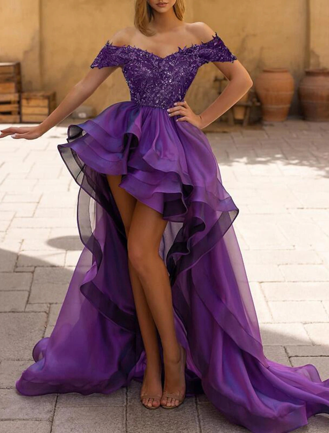 Wholesa A-Line Evening Gown Sexy Dress Formal Wedding Guest Asymmetrical Short Sleeve Off Shoulder Organza with Ruffles