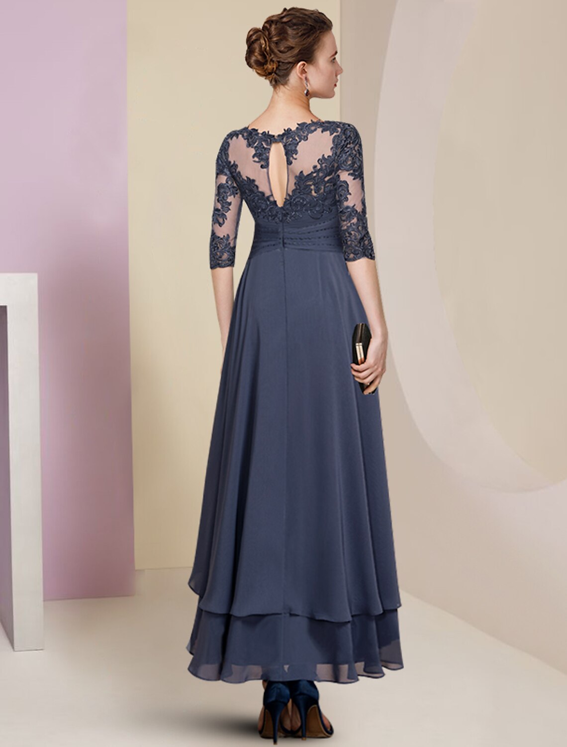 wholesale  Sheath / Column Mother of the Bride Dress Wedding Guest Party Elegant High Low Jewel Neck Asymmetrical Chiffon Lace Half Sleeve with Pleats Solid Color