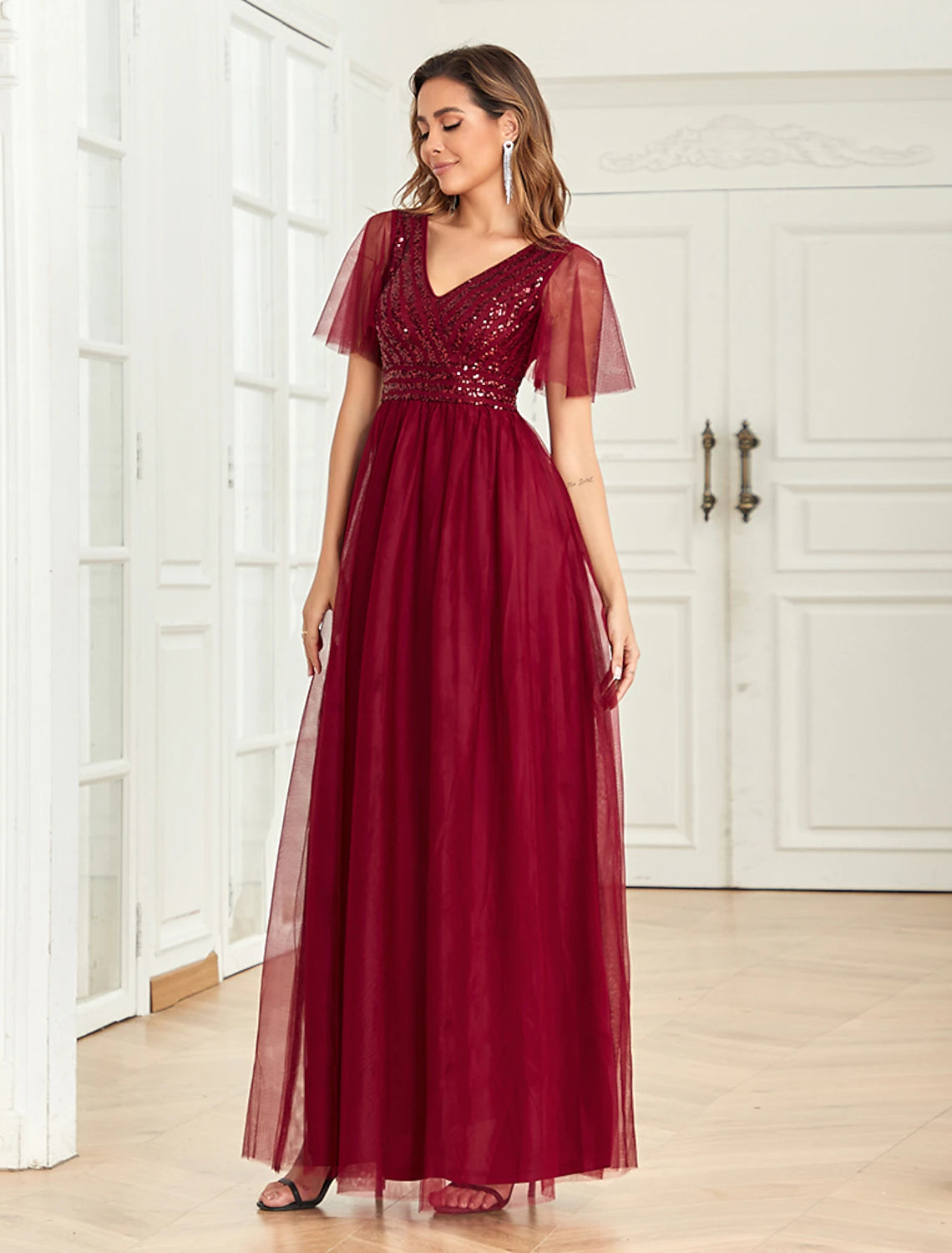 Wholesa A-Line Party Dresses Empire Dress Party Wear Wedding Party Floor Length Short Sleeve V Neck Tulle V Back with Glitter Sequin