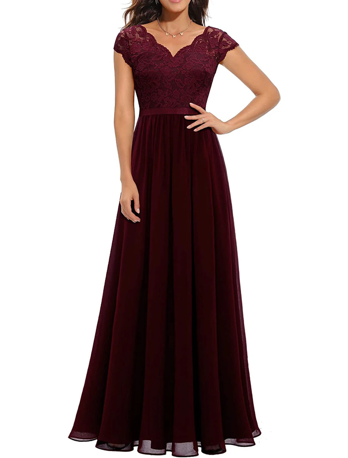 wholesale  A-Line Mother of the Bride Dress Elegant V Neck Floor Length Chiffon Lace Short Sleeve with Lace Pleats