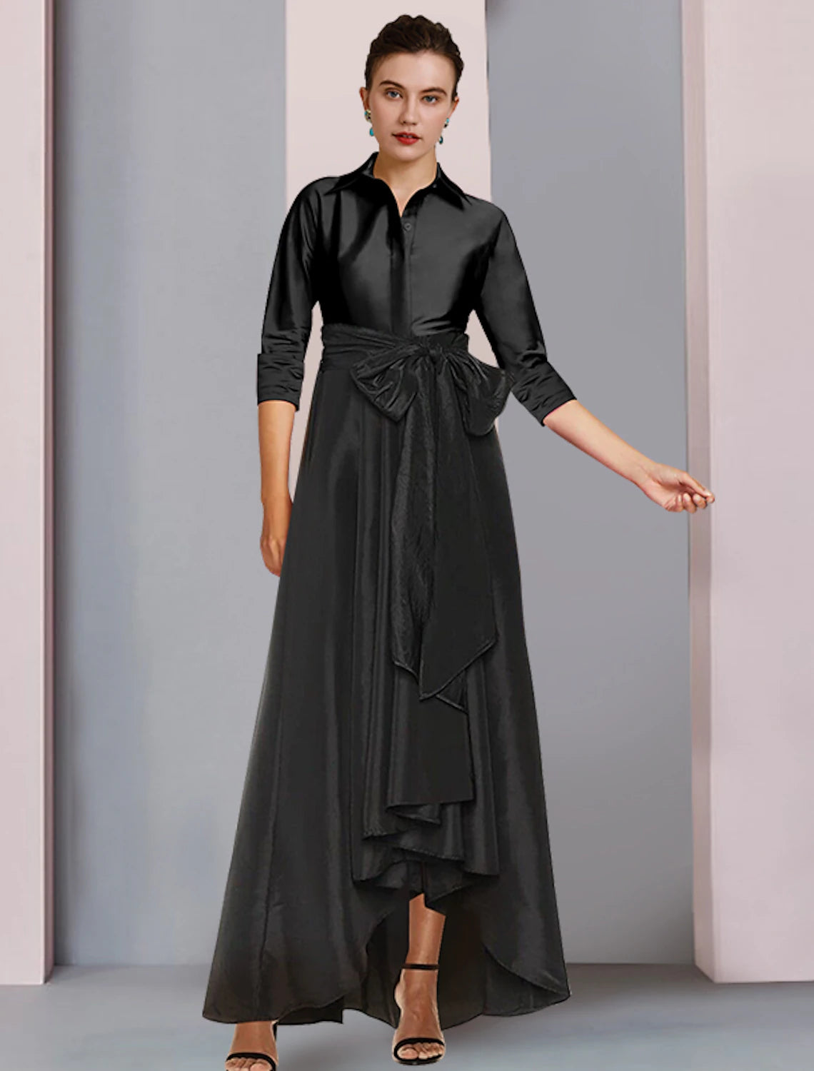 wholesale  A-Line Mother of the Bride Dress Plus Size Elegant High Low Shirt Collar Asymmetrical Floor Length Satin 3/4 Length Sleeve with Sash / Ribbon Bow(s) Pleats