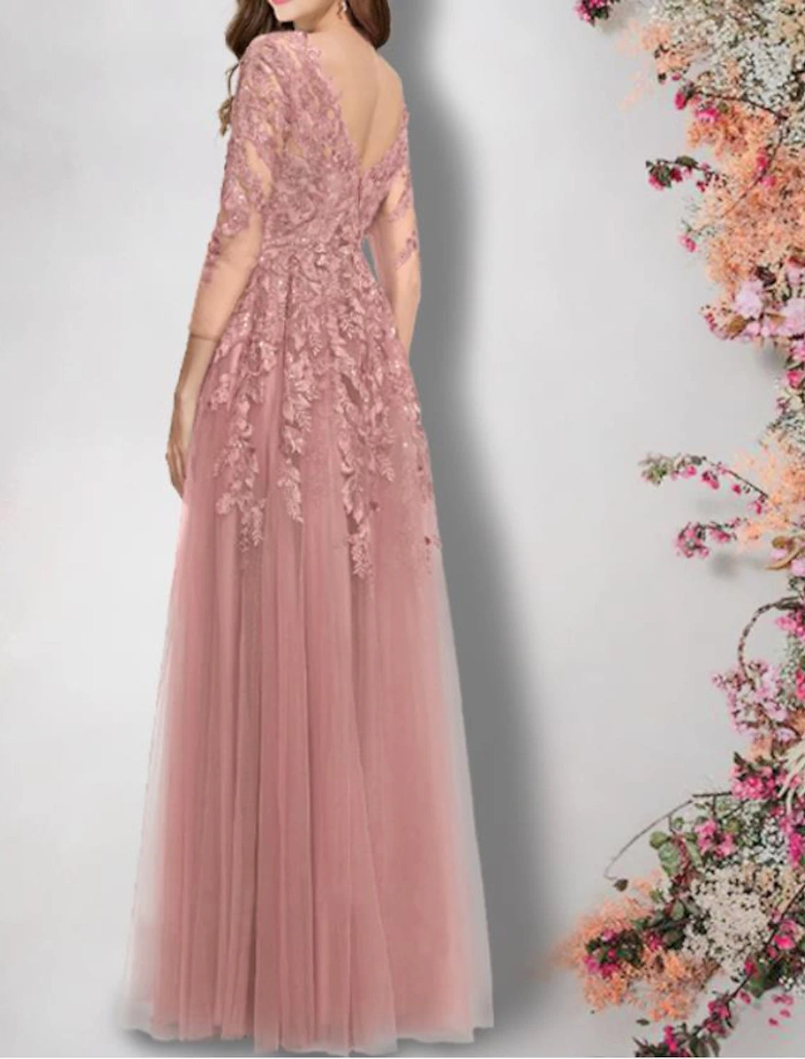 Wholesa A-Line Mother of the Bride Dress Elegant V Neck Floor Length Lace Tulle Half Sleeve with Appliques