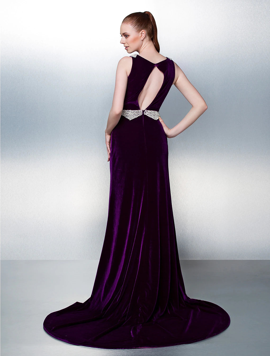 Wholesa A-Line Open Back Formal Evening Dress Bateau Neck Sleeveless Court Train Velvet with Sash / Ribbon Pearls Beading