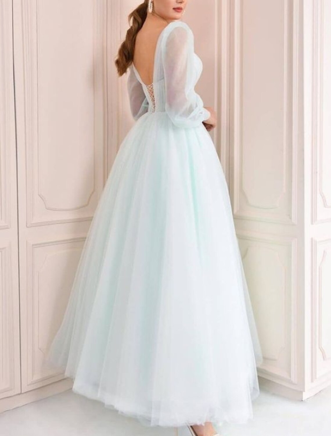 wholesale  A-Line Minimalist Elegant Party Wear Prom Dress V Neck Long Sleeve Floor Length Tulle with Pleats