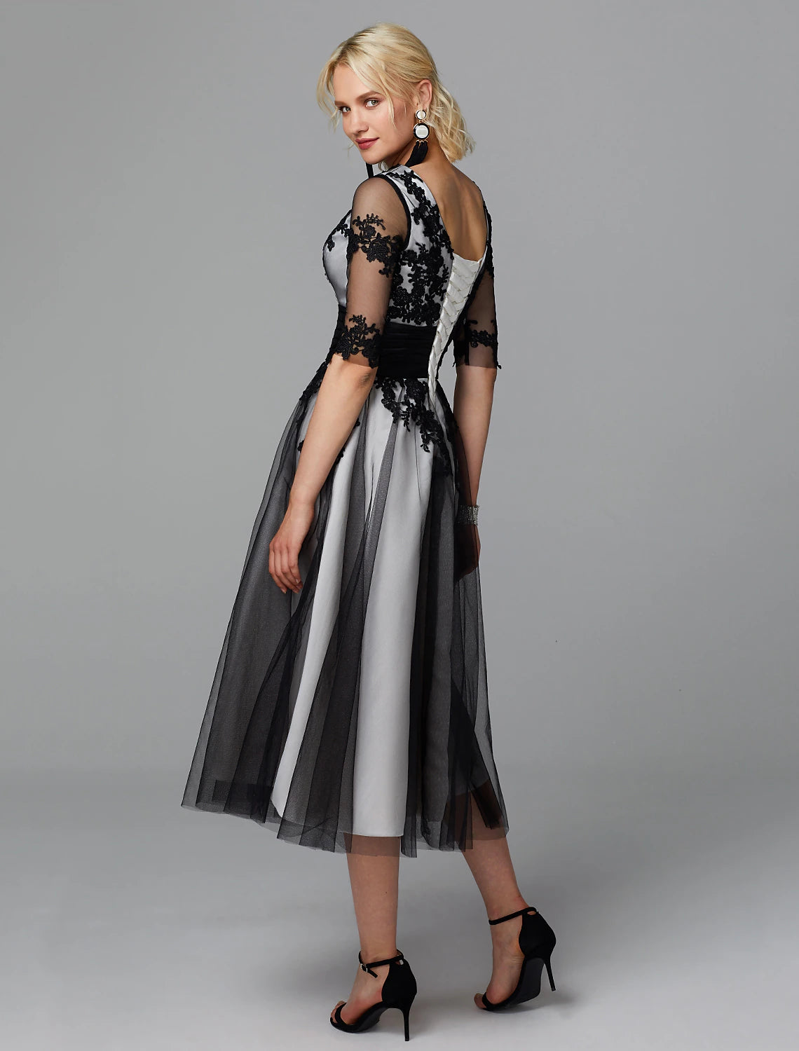 wholesale  A-Line Vintage Dress Wedding Guest Cocktail Party Tea Length Half Sleeve Jewel Neck Fall Wedding Guest Lace with Sash / Ribbon Appliques