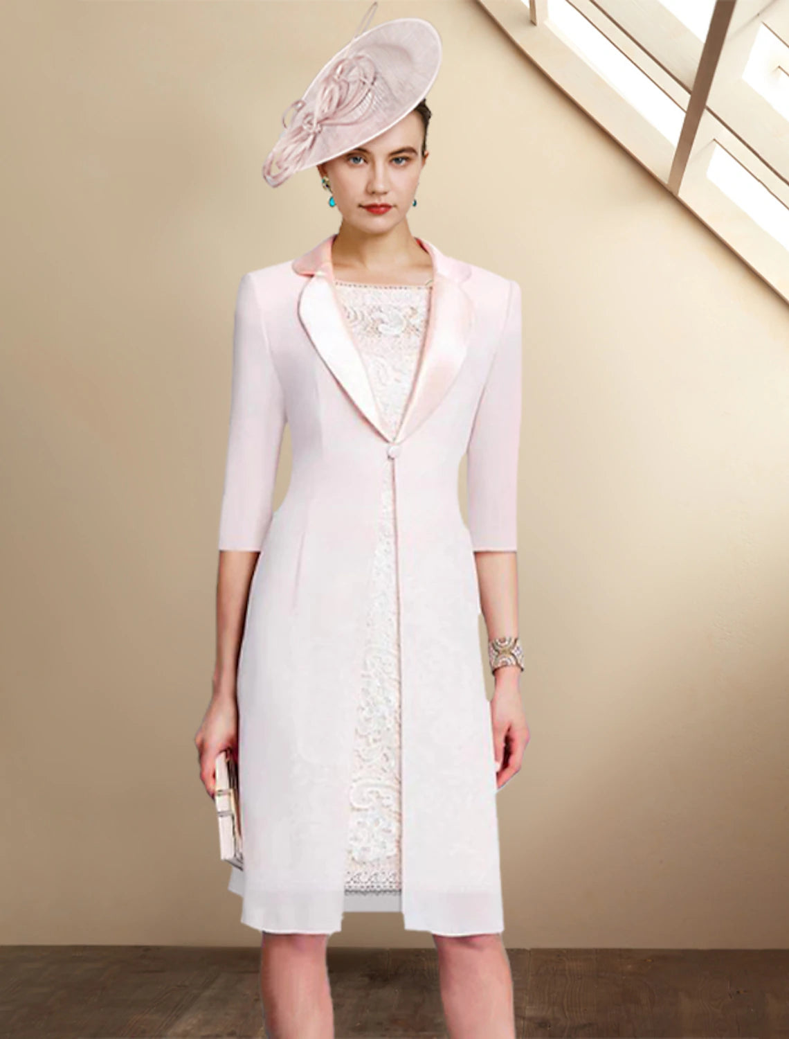 wholesale   Two Piece Sheath / Column Mother of the Bride Dress Church Elegant Jewel Neck Knee Length Chiffon Lace Short Sleeve Jacket Dresses with Appliques