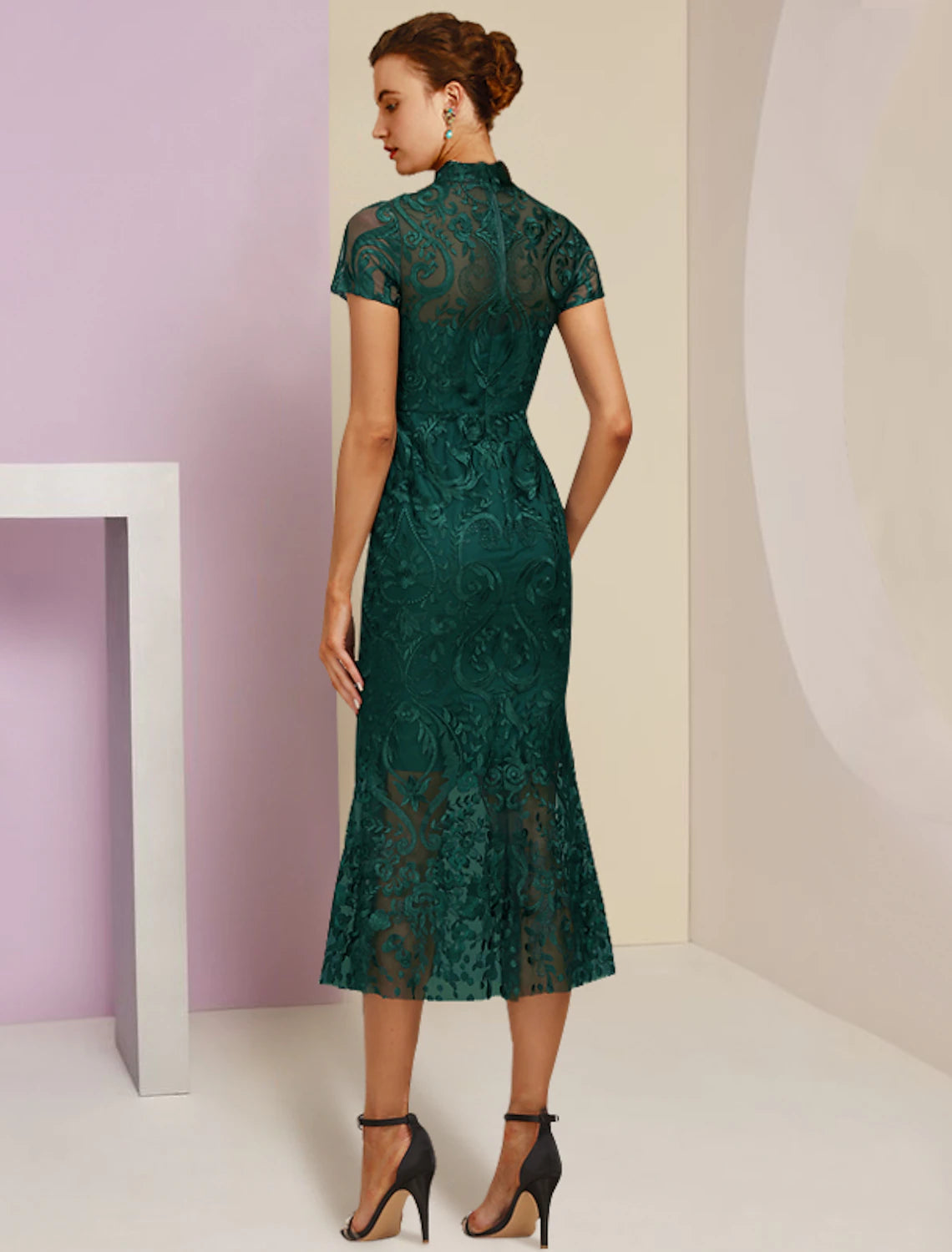 wholesale  Sheath / Column Mother of the Bride Dress Wedding Guest Elegant High Neck Tea Length Lace Short Sleeve with Appliques