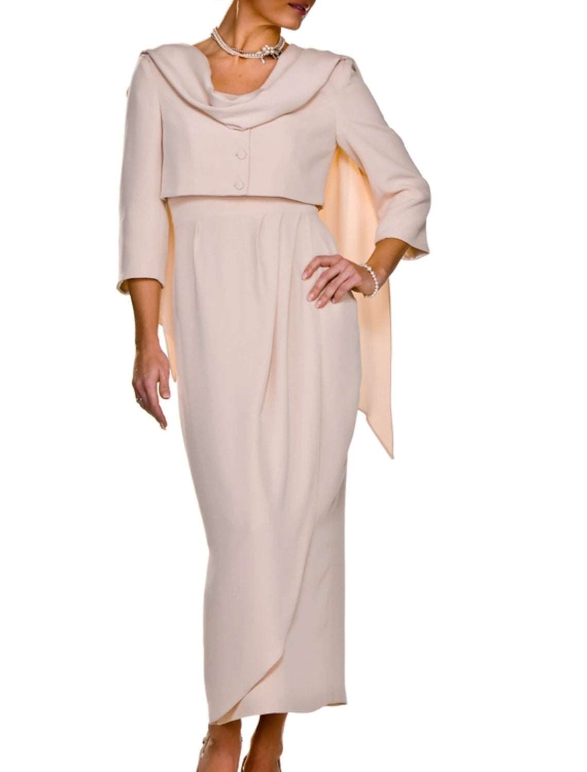 Wholesa Two Piece Sheath / Column Mother of the Bride Dress Wedding Guest Elegant Square Neck Ankle Length Stretch Fabric Sleeveless Short Jacket Dresses with Buttons Pleats