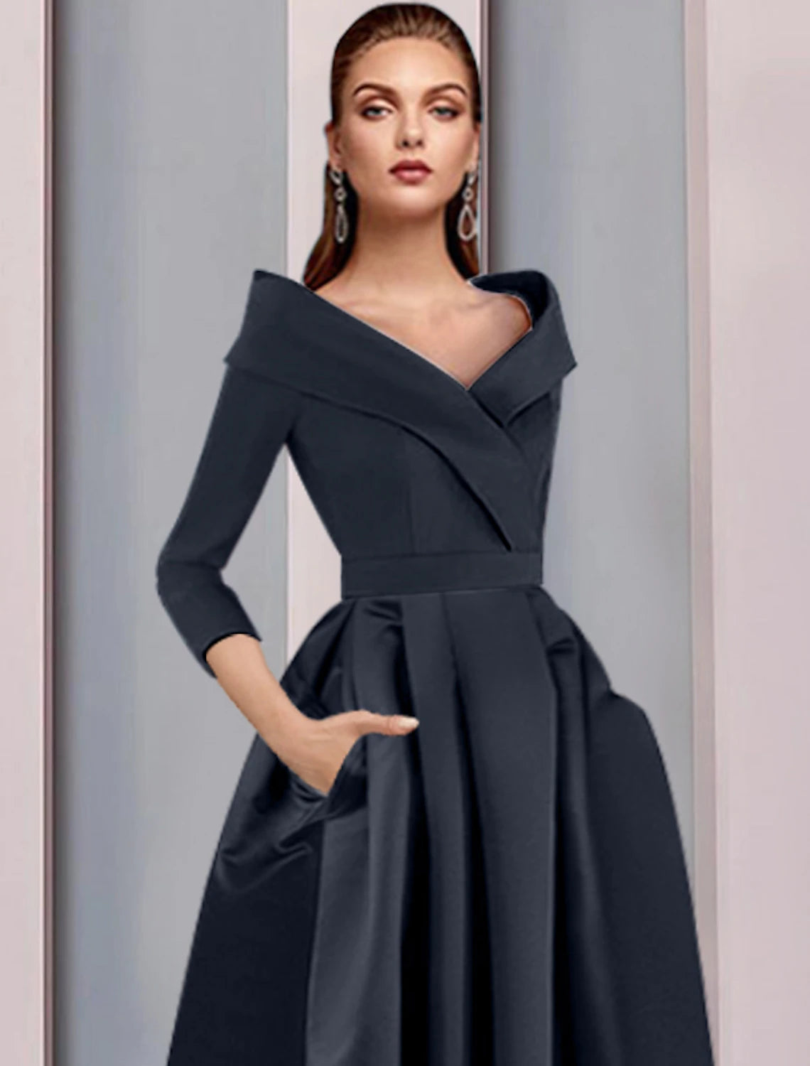wholesale  A-Line Mother of the Bride Dress Wedding Guest Elegant High Low Sweet Spaghetti Strap Asymmetrical Tea Length Satin 3/4 Length Sleeve with Pleats Fall