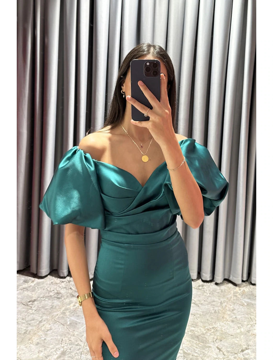 wholesale  Sheath / Column Cocktail Dresses Party Dress Formal Fall Tea Length Short Sleeve Off Shoulder Satin with Ruched Slit