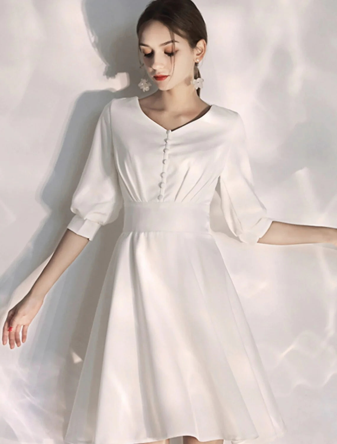 Wholesa Reception Little White Dresses Wedding Dresses A-Line V Neck Half Sleeve Knee Length Stretch Fabric Bridal Gowns With