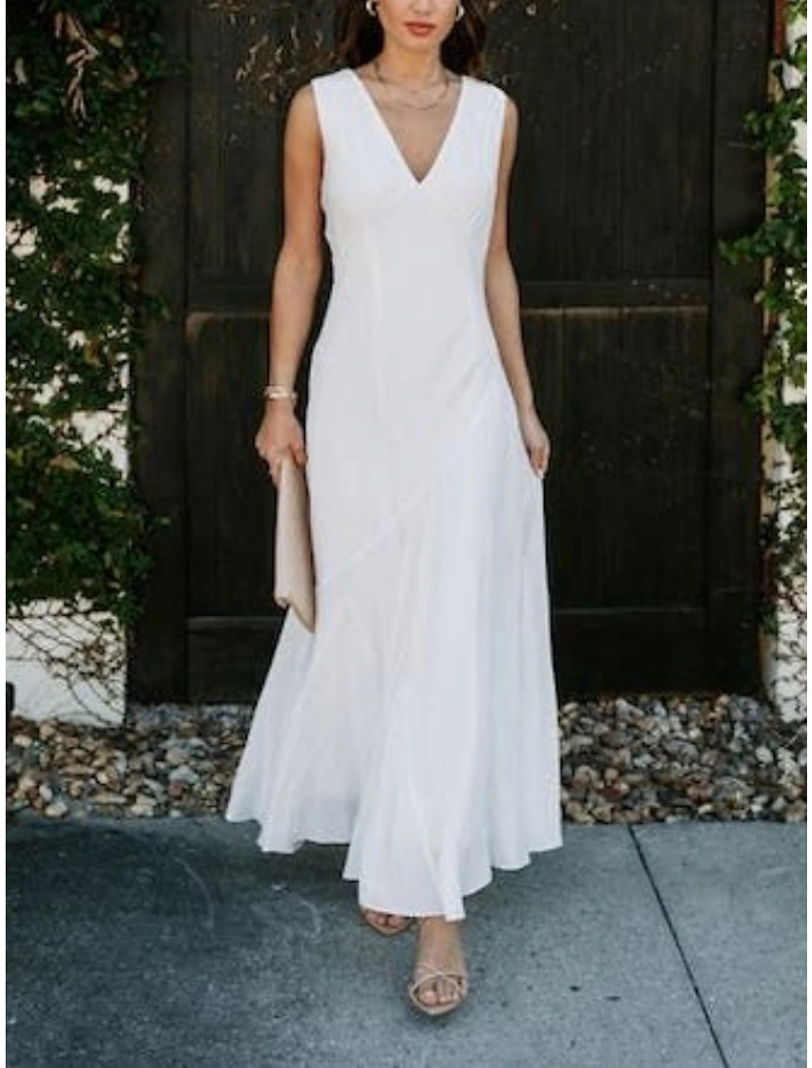 Wholesa Little White Dresses Wedding Dresses A-Line V Neck Sleeveless Ankle Length Chiffon Bridal Gowns With Pleats Solid Color