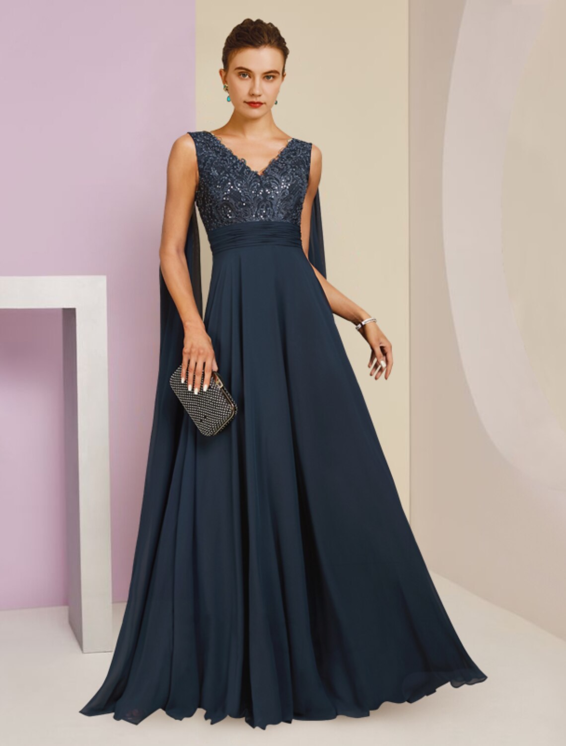 Wholesa  Sheath / Column Mother of the Bride Dress Formal Party Elegant V Neck Floor Length Chiffon Lace Sleeveless with Pleats Sequin