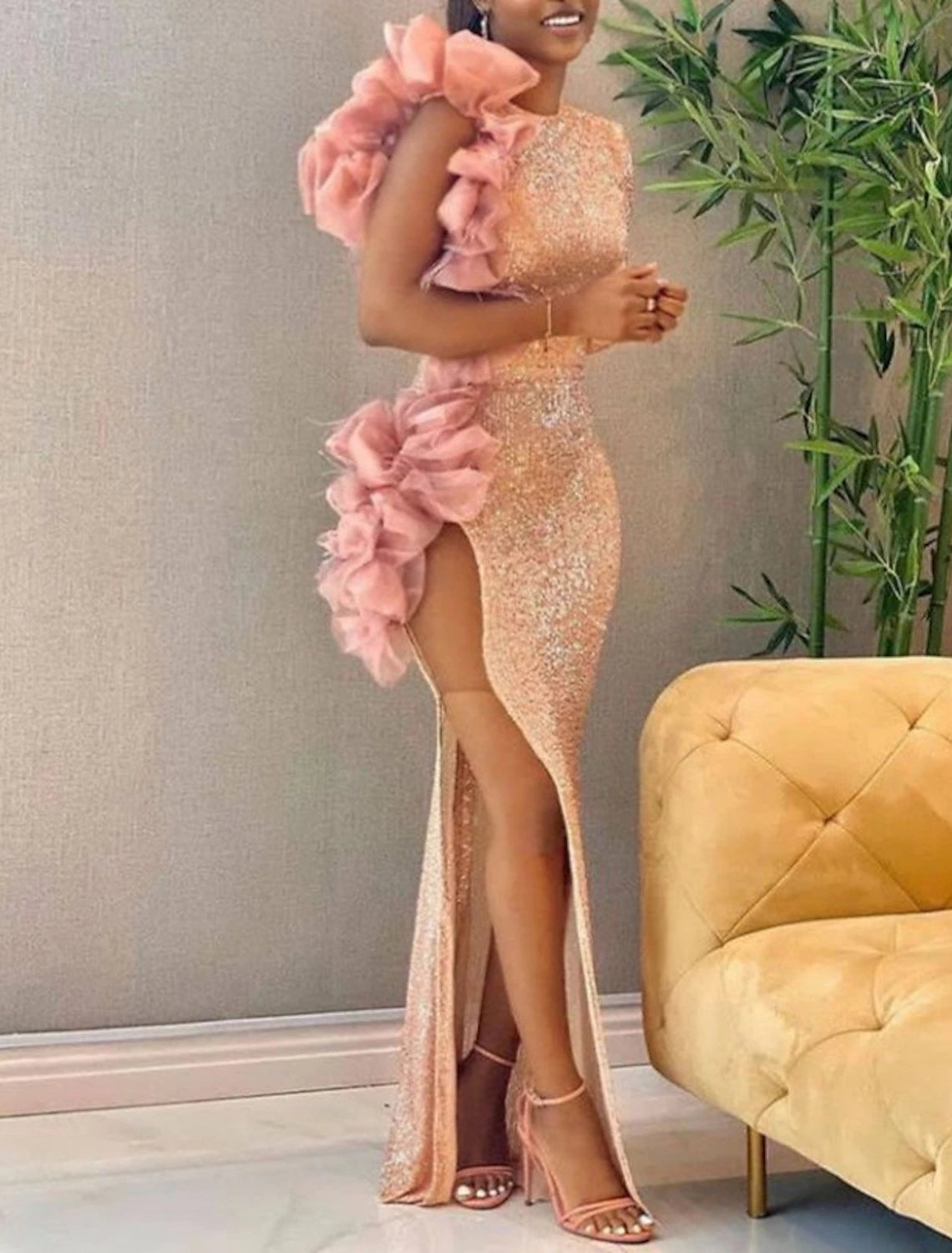 Wholesa  Mermaid / Trumpet Prom Dresses Sparkle Dress Formal Wedding Floor Length Long Sleeve One Shoulder Sequined with Sequin Slit