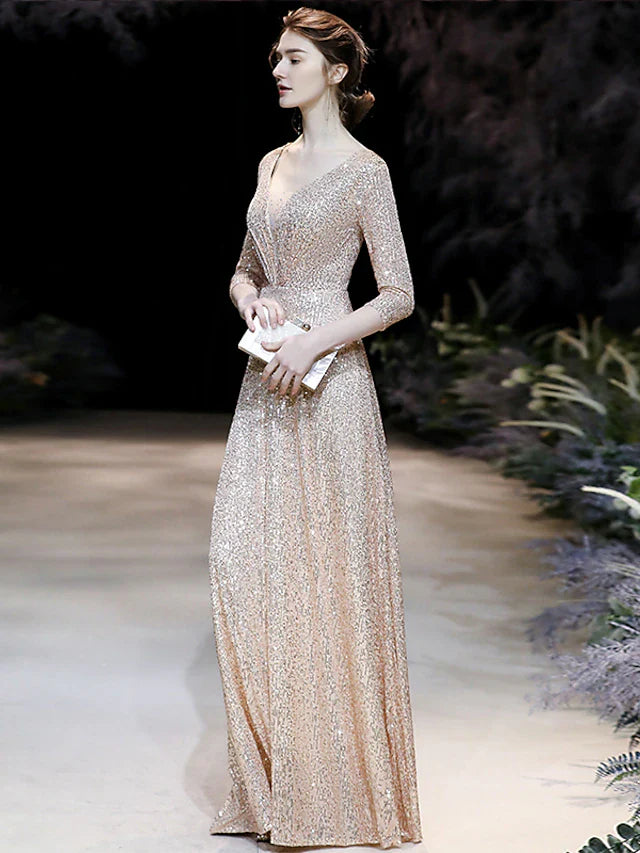 Wholesa A-Line Prom Dresses Sparkle Dress Engagement Floor Length 3/4 Length Sleeve V Neck Sequined with Pleats Sequin