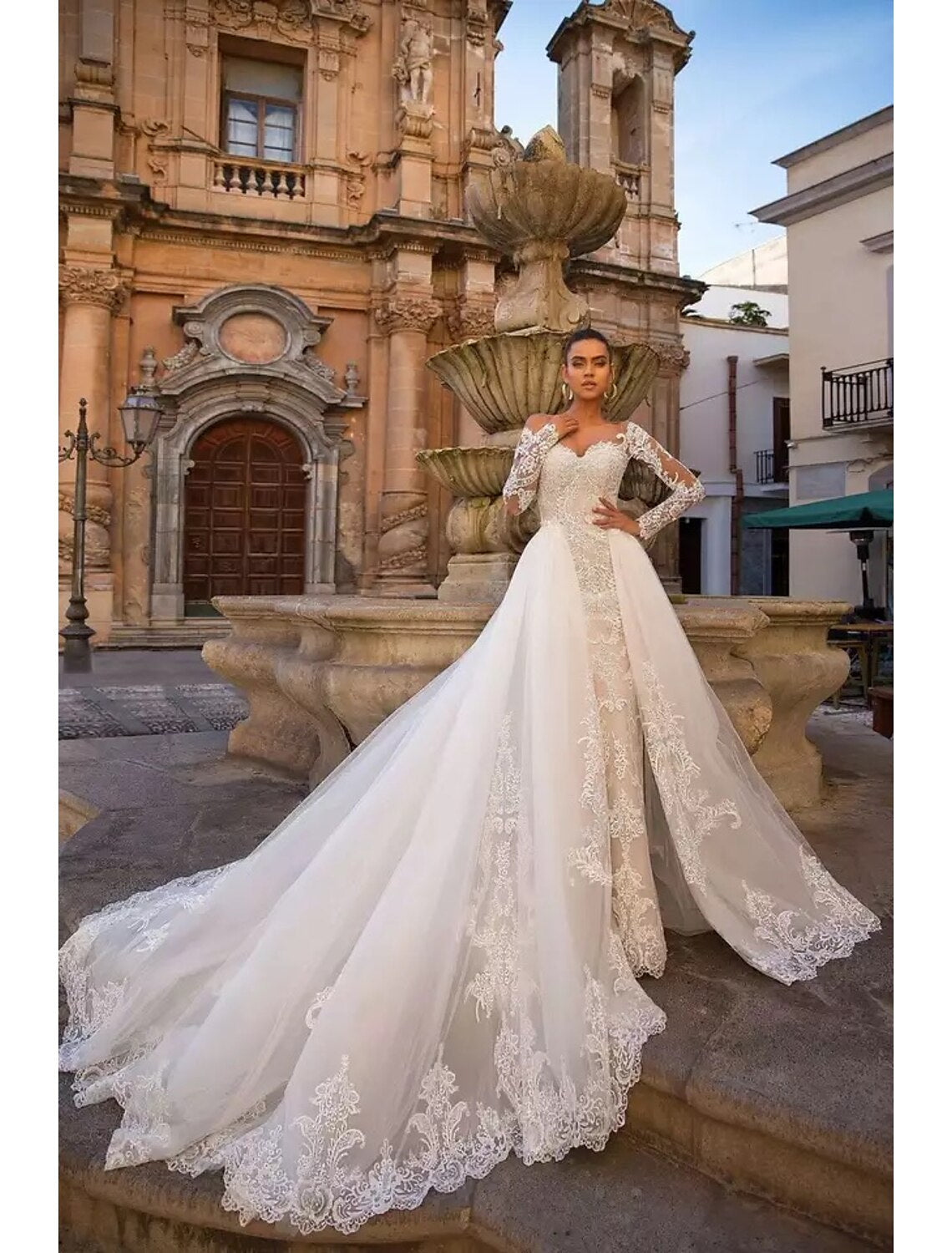wholesale  Engagement Formal Wedding Dresses Two Piece Sweetheart Long Sleeve Court Train Lace Bridal Gowns With Appliques