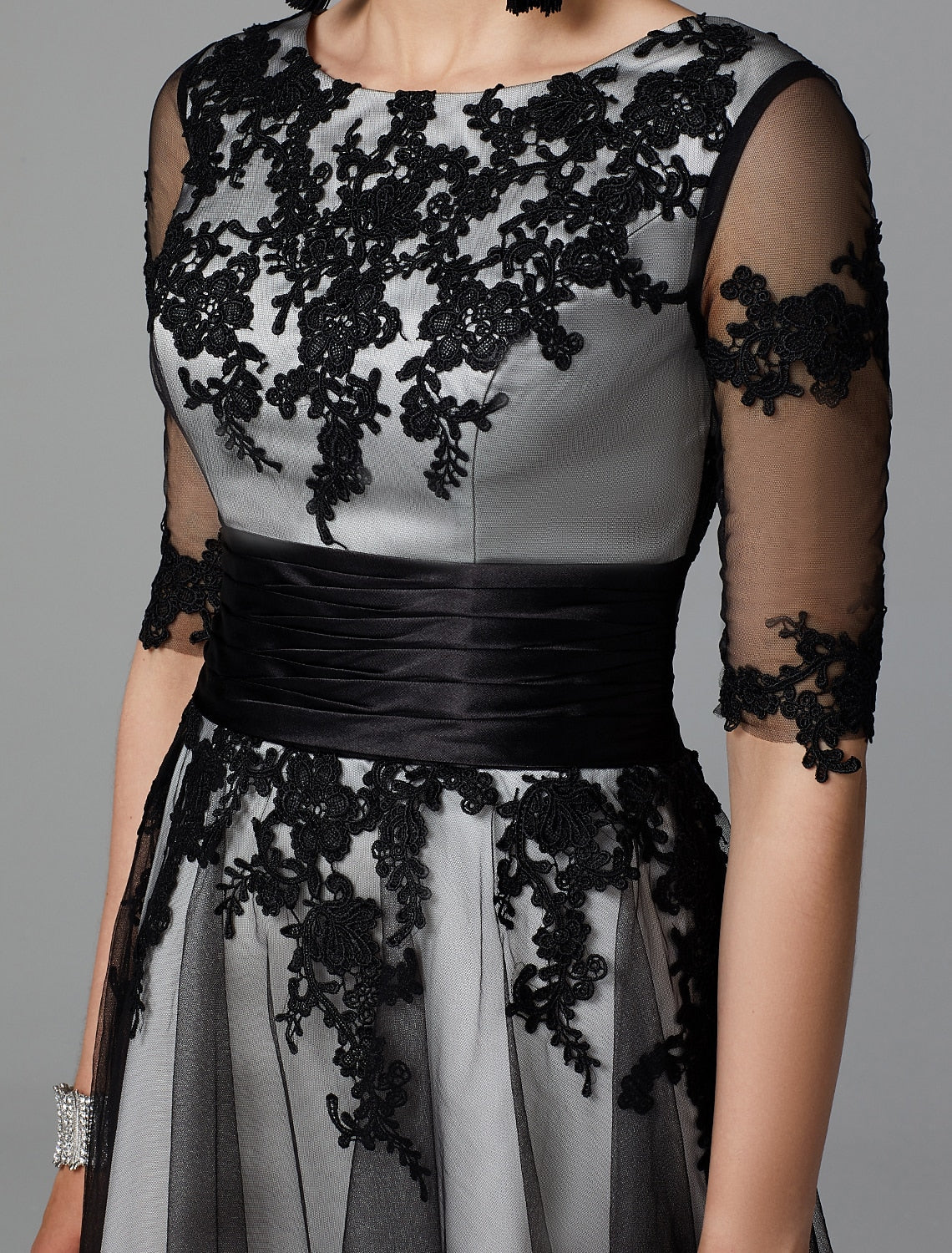 wholesale  A-Line Vintage Dress Wedding Guest Cocktail Party Tea Length Half Sleeve Jewel Neck Fall Wedding Guest Lace with Sash / Ribbon Appliques