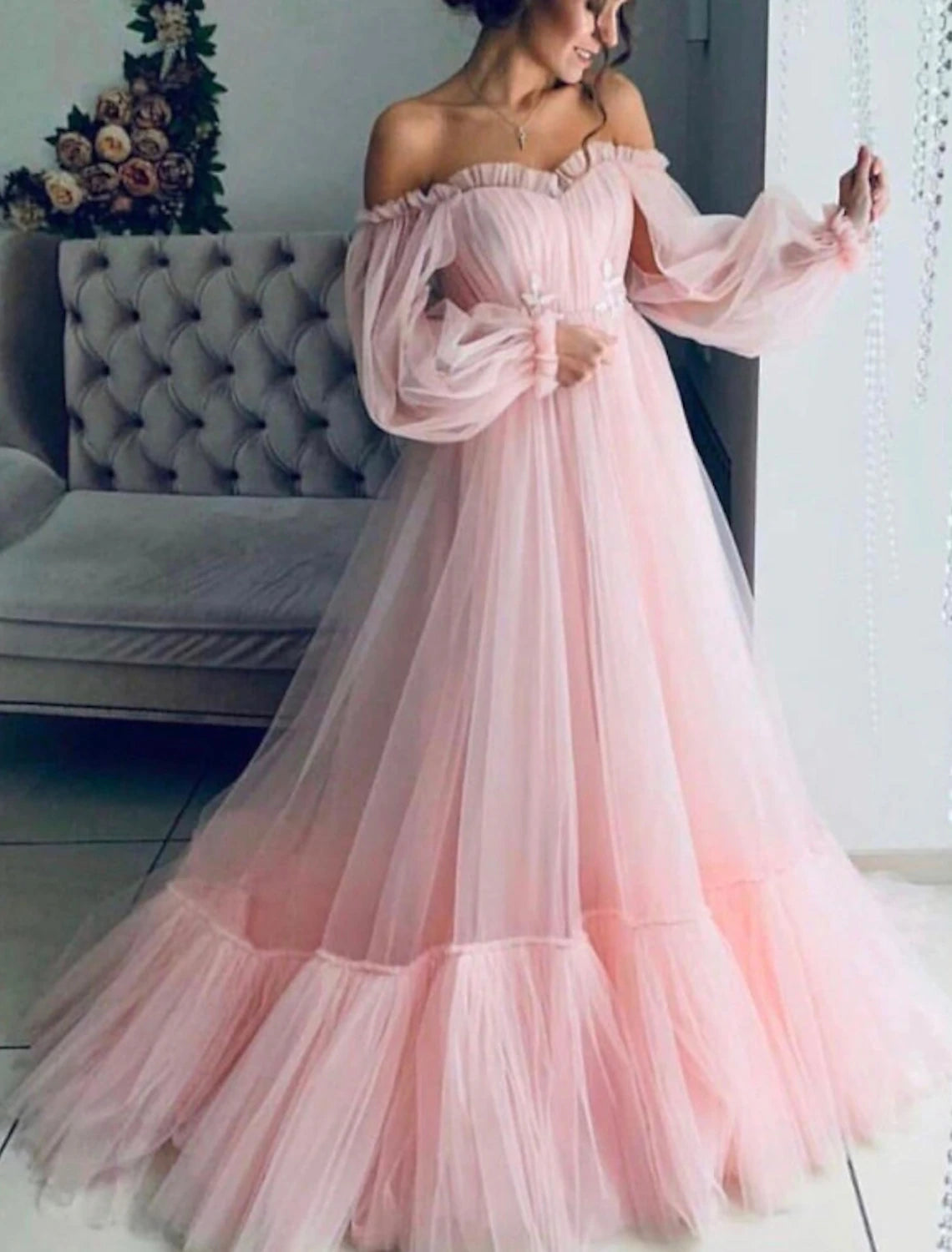 wholesa A-Line Minimalist Elegant Engagement Prom Dress Off Shoulder Long Sleeve Floor Length Tulle with Pleats Appliques