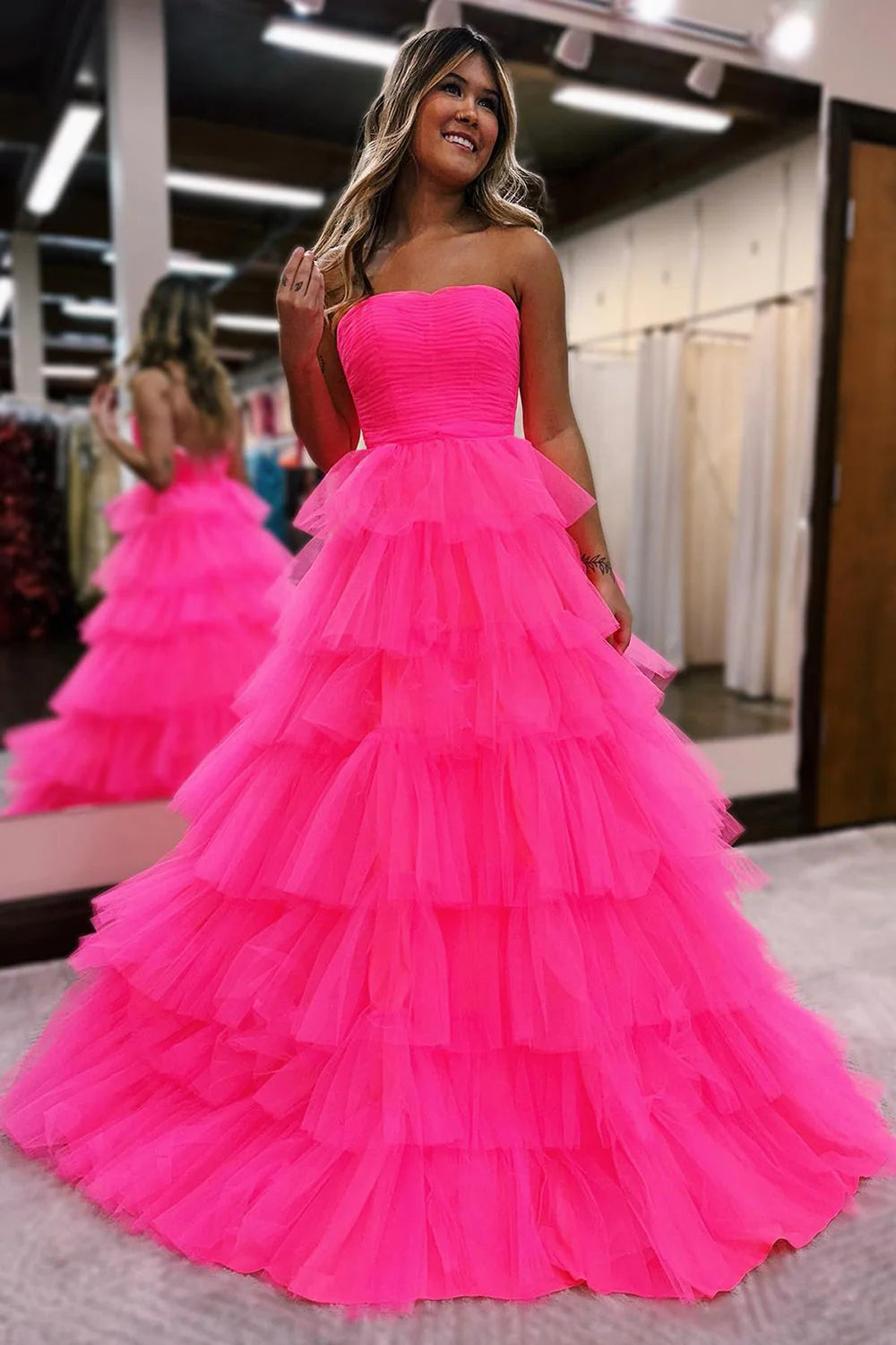 Wholesa A-Line Tiered Tulle Long Prom Dress