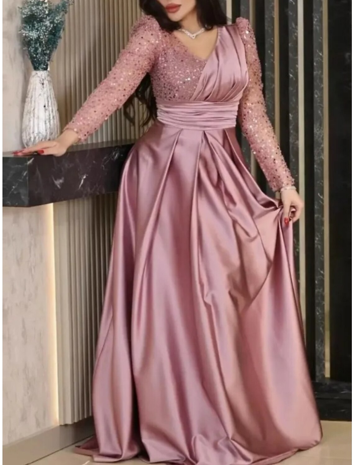 Wholesa A-Line Evening Gown Elegant Dress Formal Sweep / Brush Train Long Sleeve V Neck Satin with Pleats Ruched Sequin