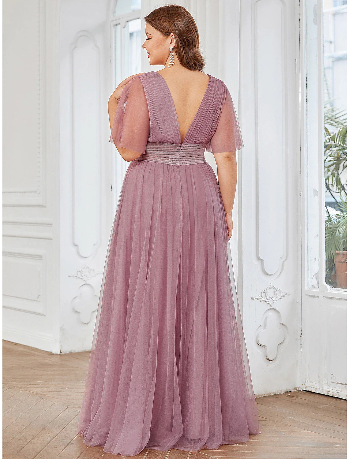 wholesale  A-Line Bridesmaid Dress V Neck Short Sleeve Plus Size Floor Length Tulle with Ruffles / Draping / Tier