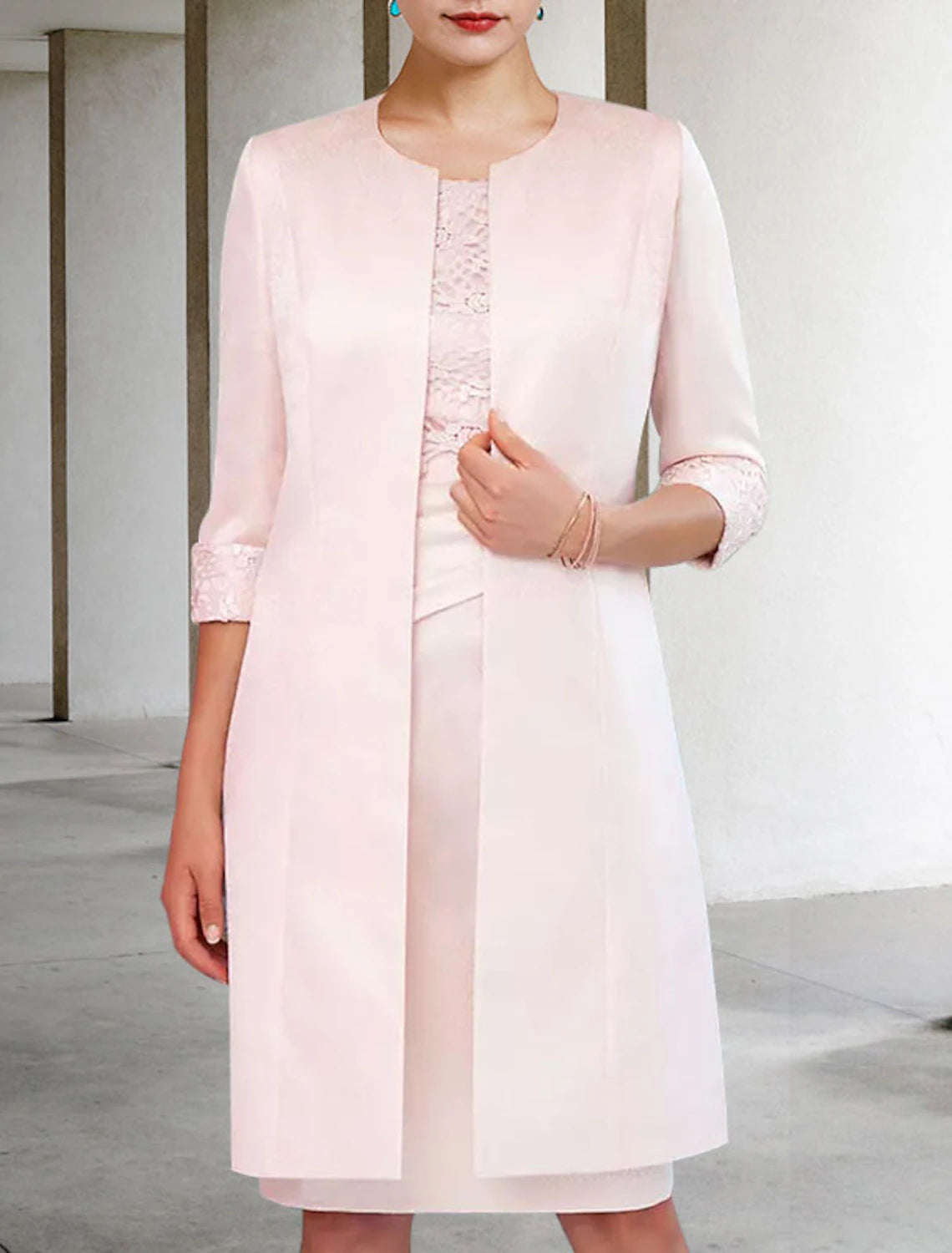 wholesale  Two Piece Sheath / Column Mother of the Bride Dress Church Elegant Jewel Neck Knee Length Satin Lace Half Sleeve Jacket Dresses with Side-Draped