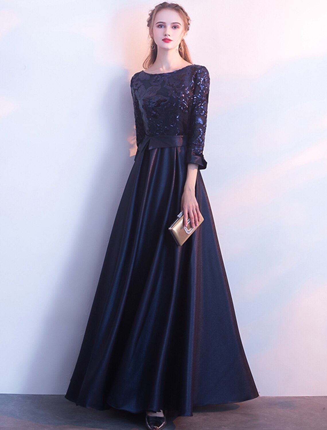Wholesa A-Line Glittering Elegant Prom Formal Evening Dress Jewel Neck 3/4 Length Sleeve Floor Length Satin with Sequin