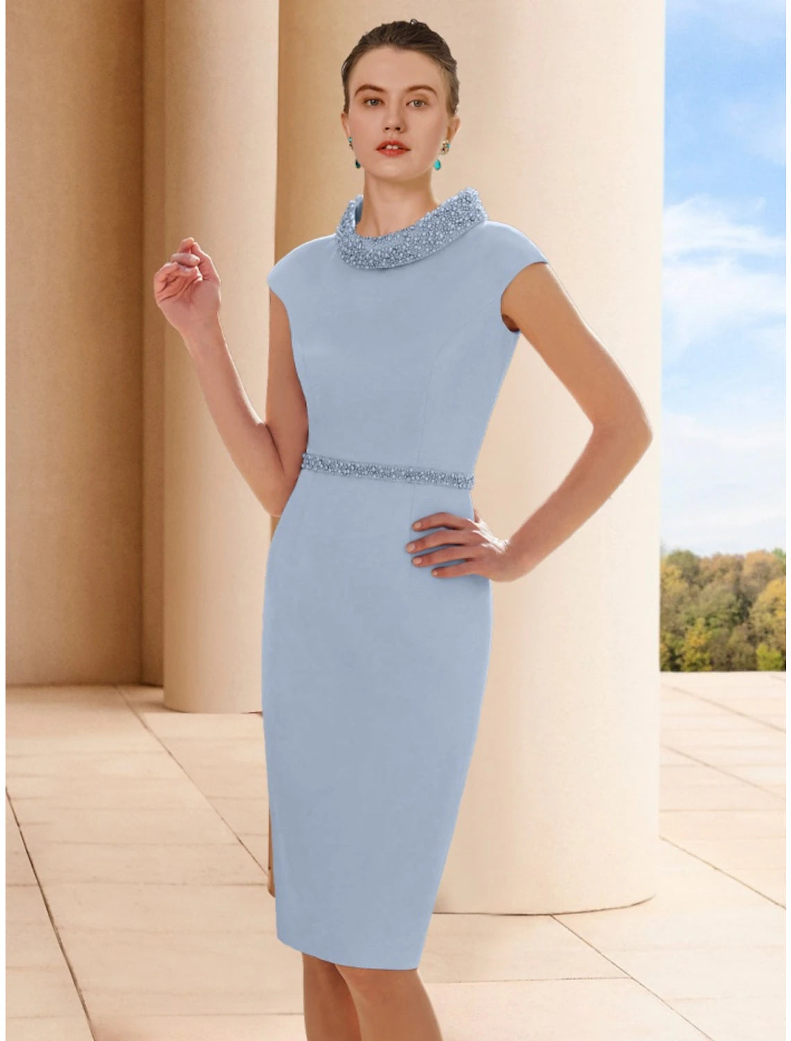 Wholesa  Two Piece Sheath / Column Mother of the Bride Dress Wedding Guest Elegant Petite Scoop Neck Knee Length Satin 3/4 Length Sleeve with Feather Beading