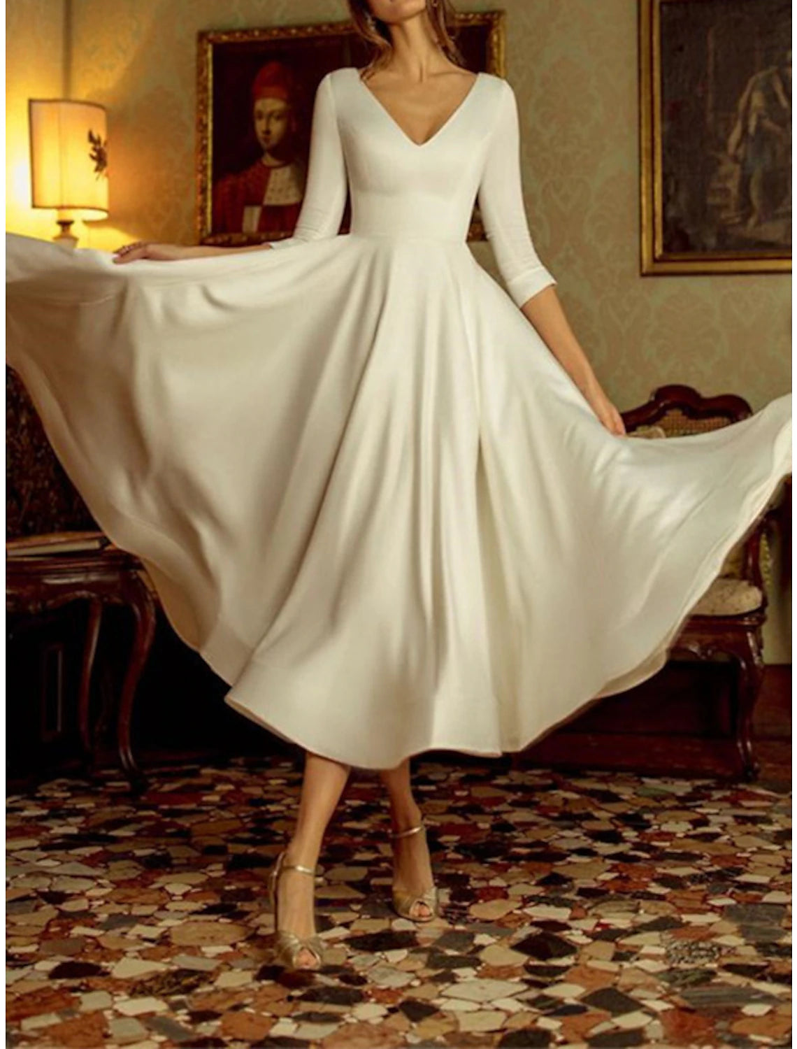 Wholesa Reception Vintage 1940s / 1950s Little White Dresses Wedding Dresses A-Line V Neck 3/4 Length Sleeve Tea Length Satin Bridal Gowns With Pleats