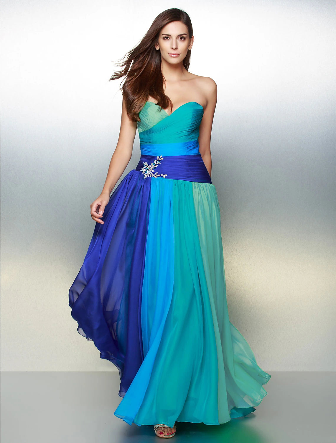 wholesa A-Line Color Block Dress Wedding Guest Prom Floor Length Sleeveless Sweetheart Chiffon Backless with Ruched Crystals