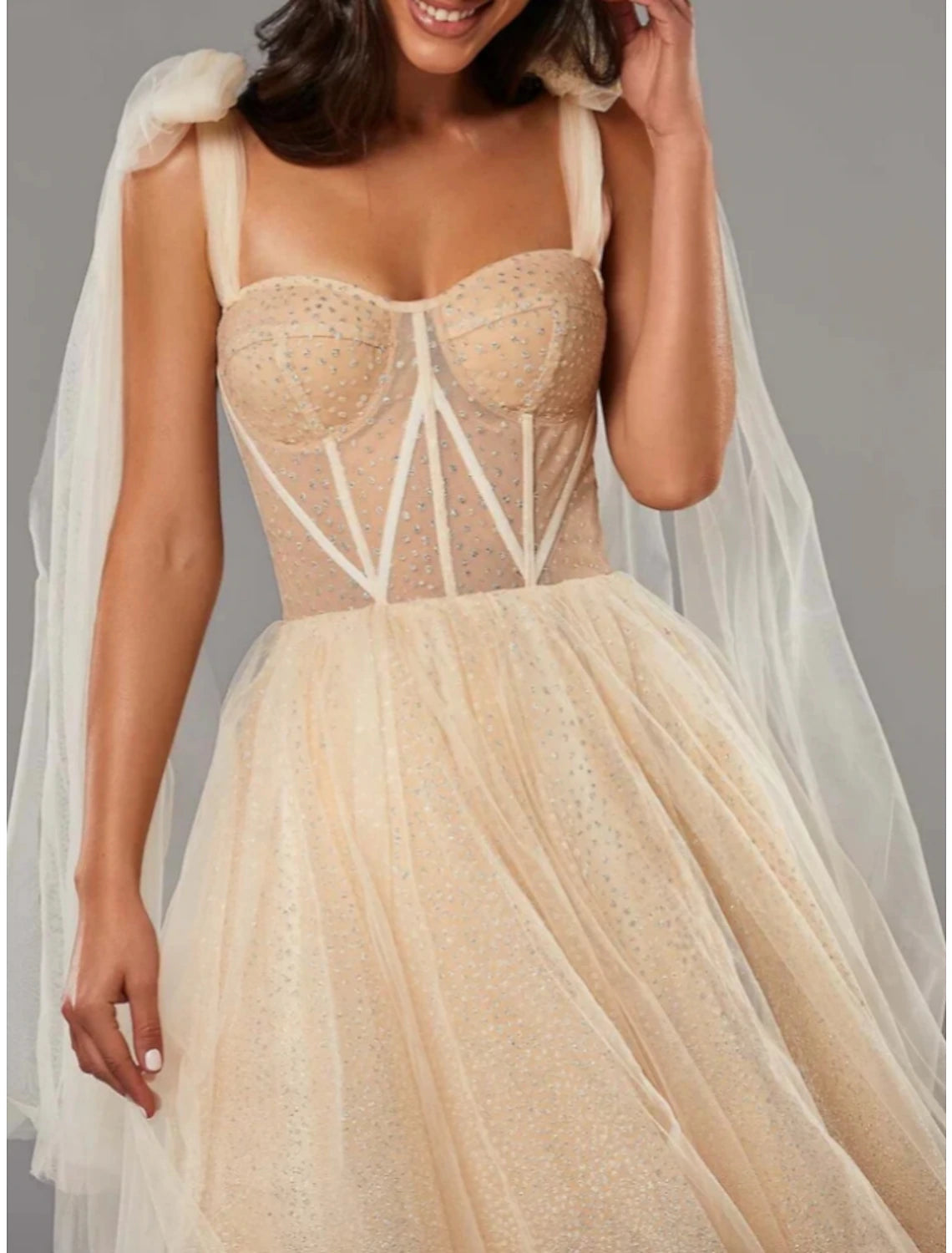 Wholesa  A-Line Prom Dresses Elegant Dress Formal Tea Length Sleeveless Sweetheart Tulle with Pleats Sequin