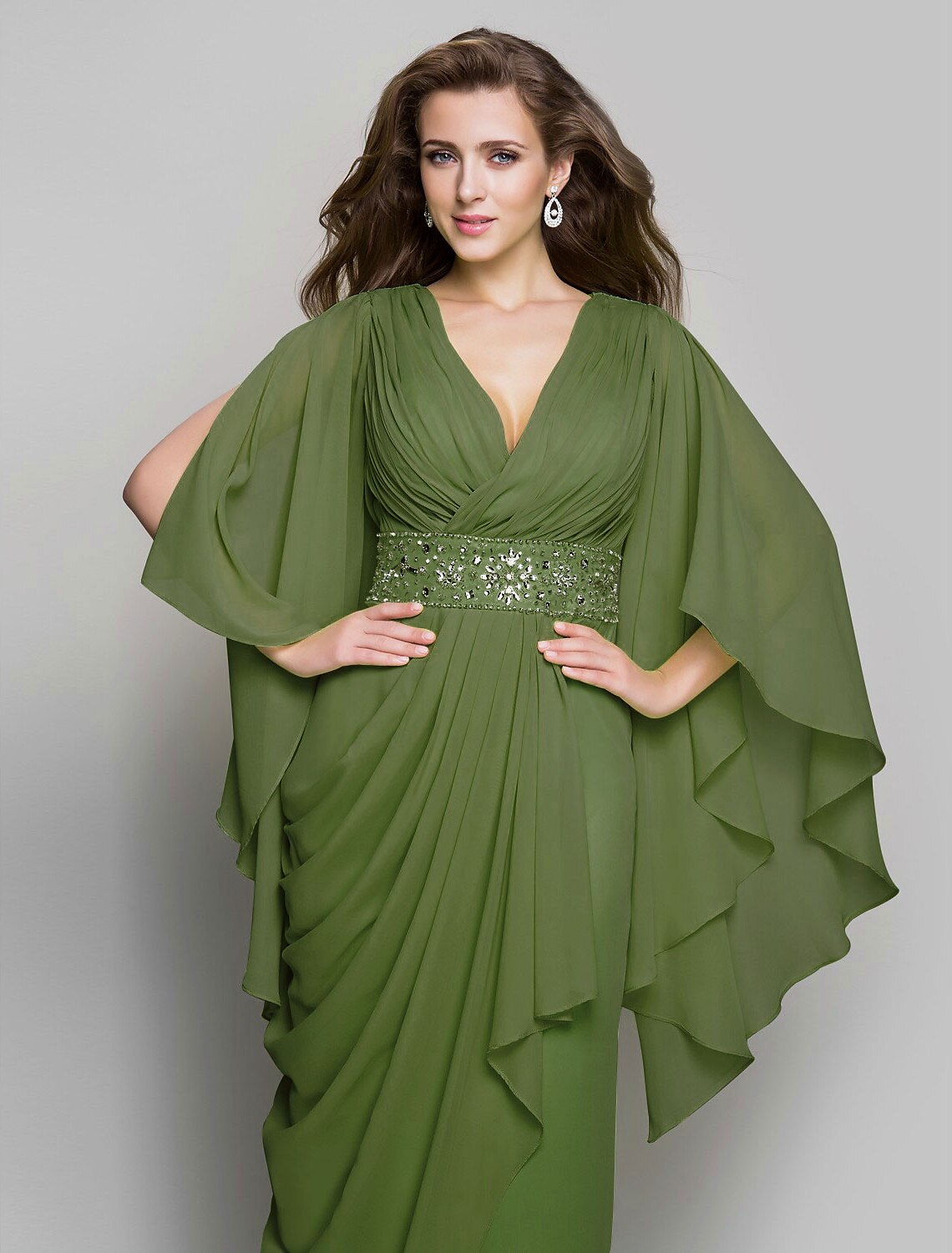 Wholesa Sheath / Column Elegant Dress Wedding Guest Formal Evening Floor Length Long Sleeve V Neck Chiffon V Back with Crystals Side Draping