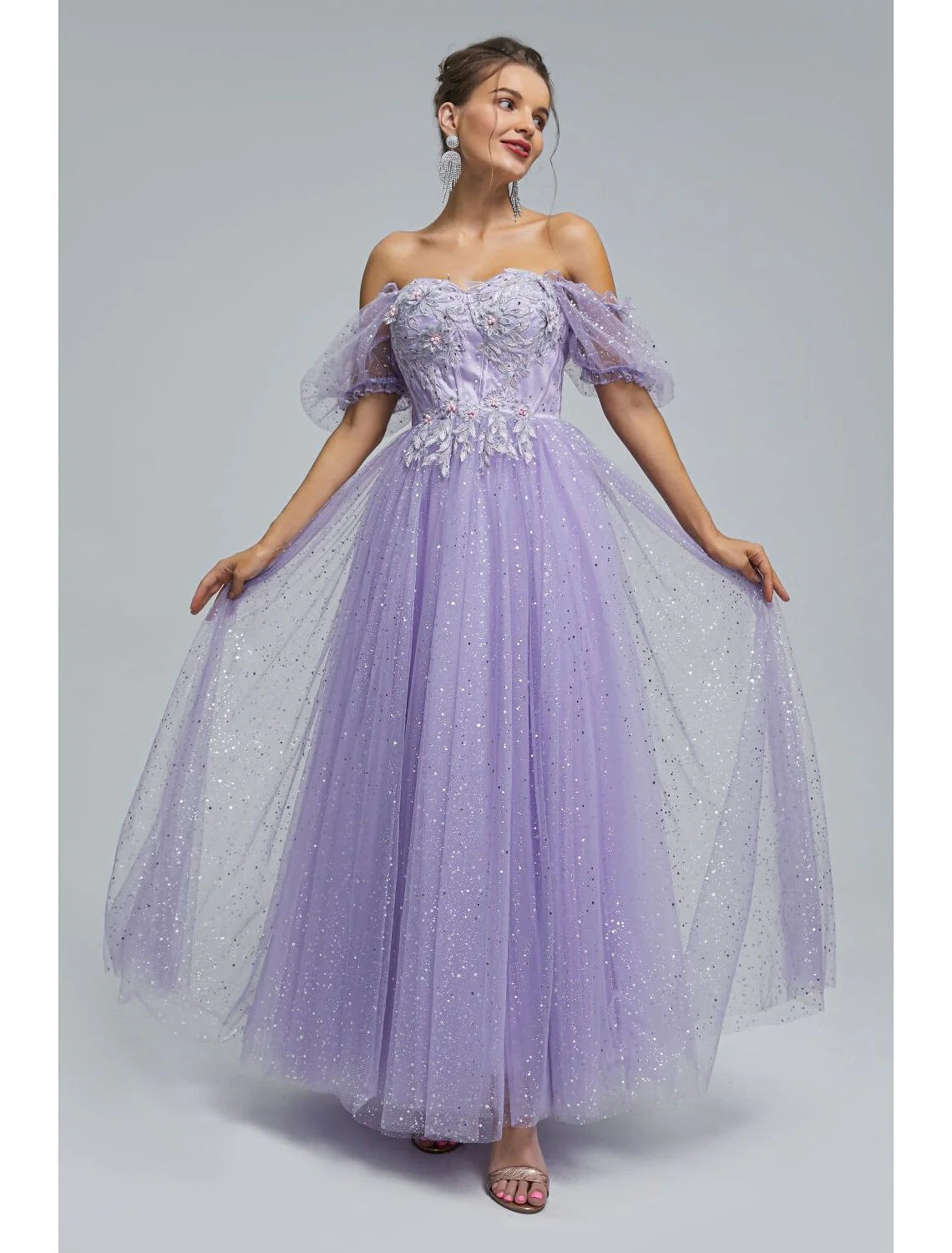 Wholesa A-Line Prom Dresses Princess Dress Quinceanera Tea Length Short Sleeve Off Shoulder Tulle with Sequin Appliques