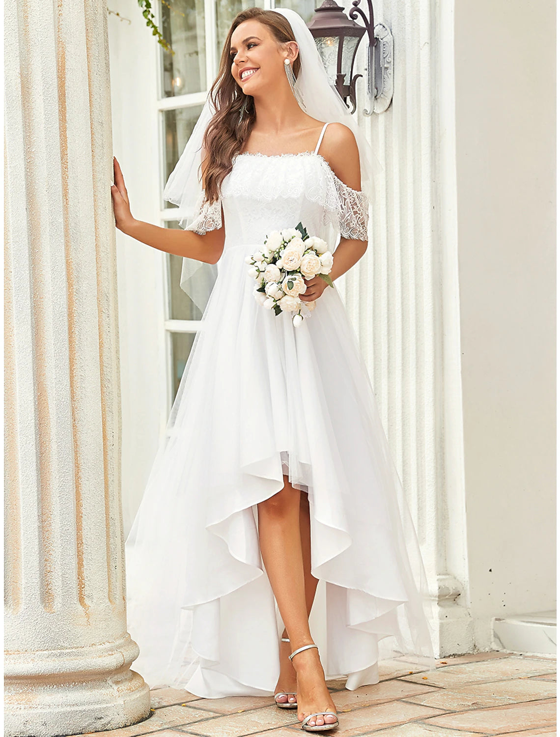 wholesale Reception Little White Dresses Boho Wedding Dresses A-Line Off Shoulder Short Sleeve Asymmetrical Lace Bridal Gowns With Lace Draping