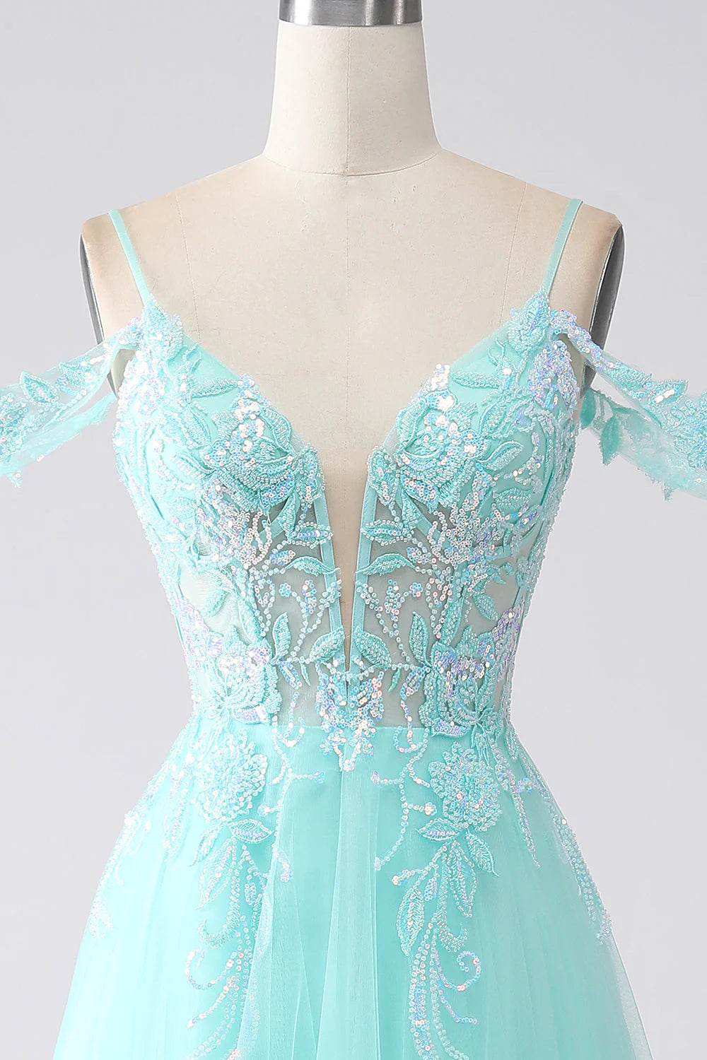 Wholesa A line Sheer Sequin Corset off the shoulder Prom Dress Corset Formal Gown