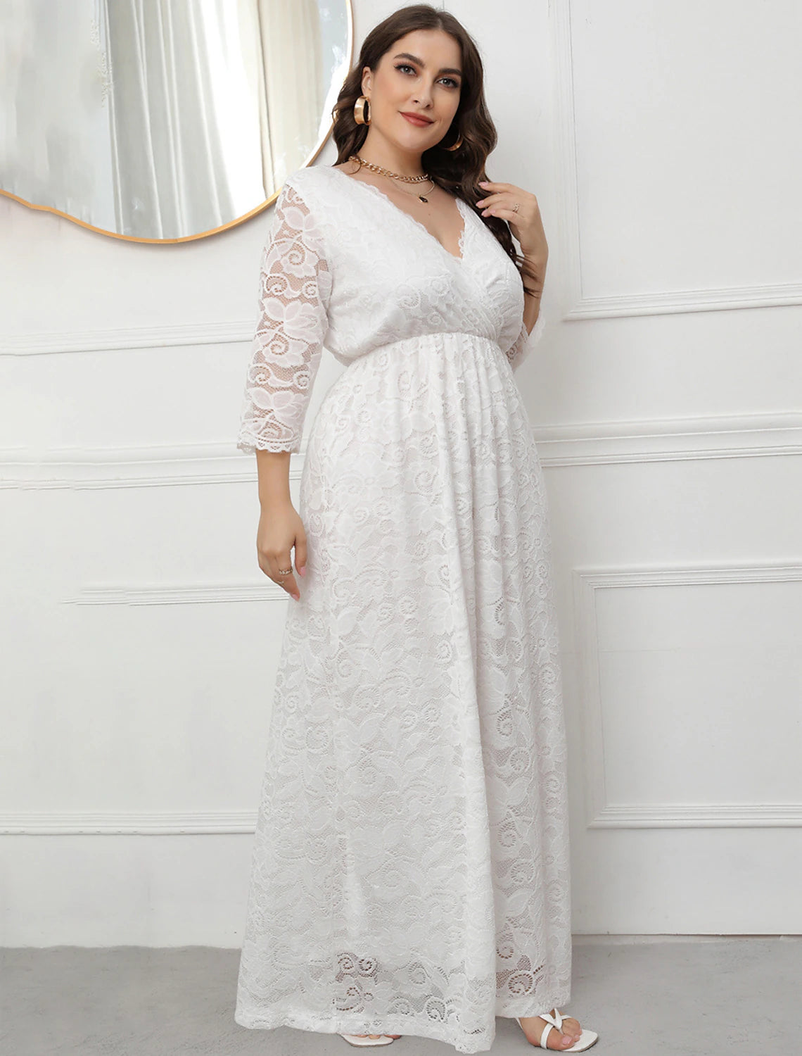 Wholesa A-Line Evening Gown Vintage Dress Party Wear Formal Evening Floor Length 3/4 Length Sleeve V Neck Lace with Sleek Lace Insert
