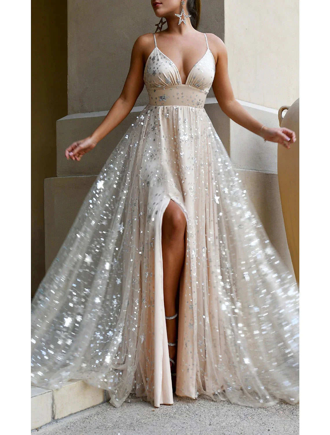 Wholesa A-Line Prom Dresses Sparkle Dress Wedding Guest Homecoming Floor Length Sleeveless V Neck Tulle with Sequin Tiered