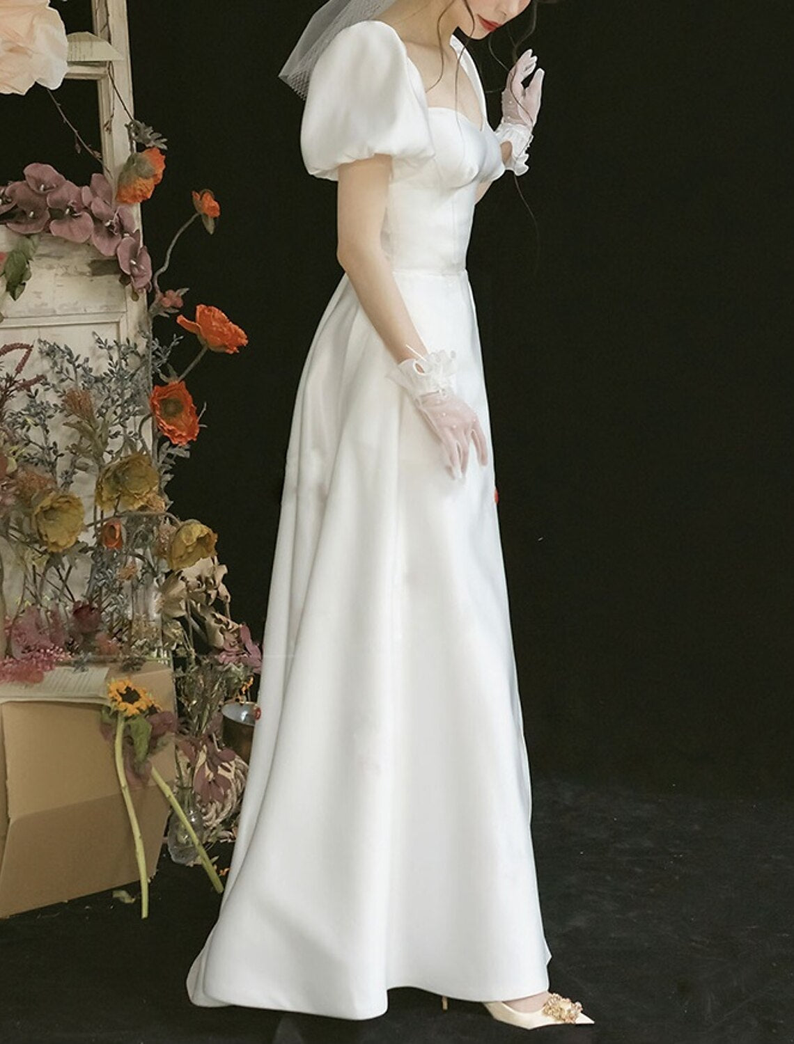 Wholesa Reception Casual Wedding Dresses A-Line Off Shoulder Short Sleeve Floor Length Satin Bridal Gowns With Split Front