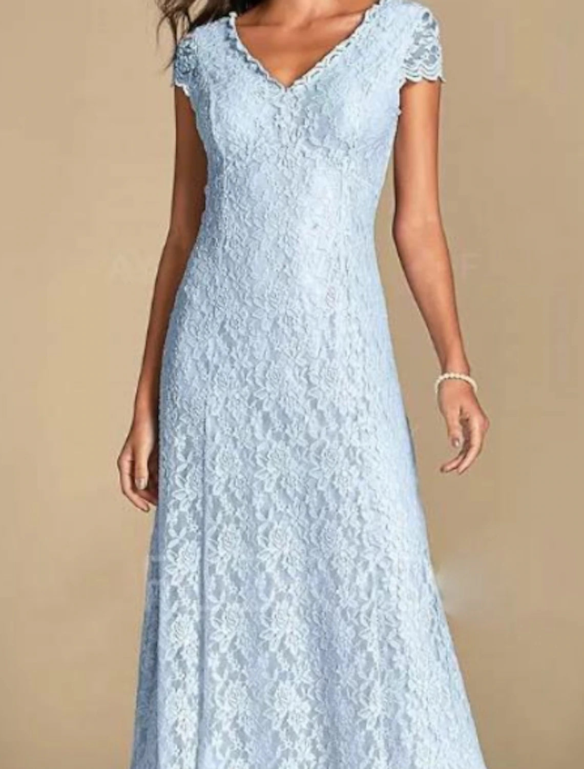 Wholesa A-Line Mother of the Bride Dress Wedding Guest Plus Size V Neck Ankle Length Lace Short Sleeve with Pleats