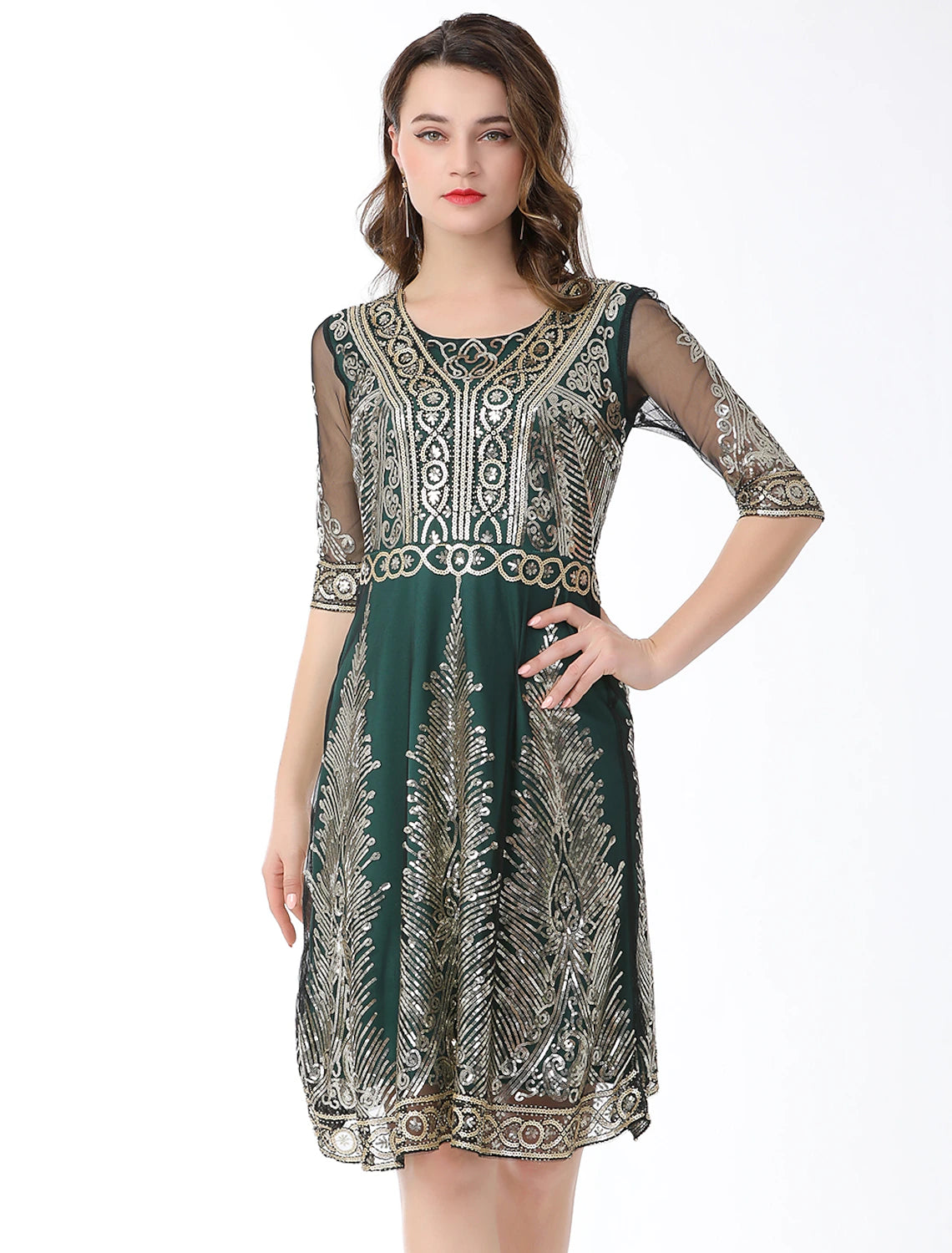 wholesa A-Line Elegant Vintage Holiday Party Wear Dress Jewel Neck Half Sleeve Knee Length Cotton Blend with Sequin Splicing