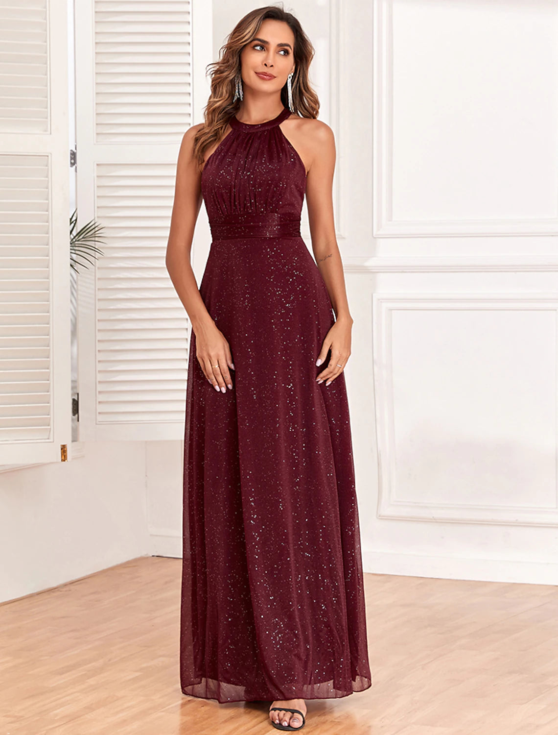 wholesale  A-Line Evening Gown Empire Dress Evening Party Wedding Reception Floor Length Sleeveless Halter Neck Polyester Backless V Back with Glitter