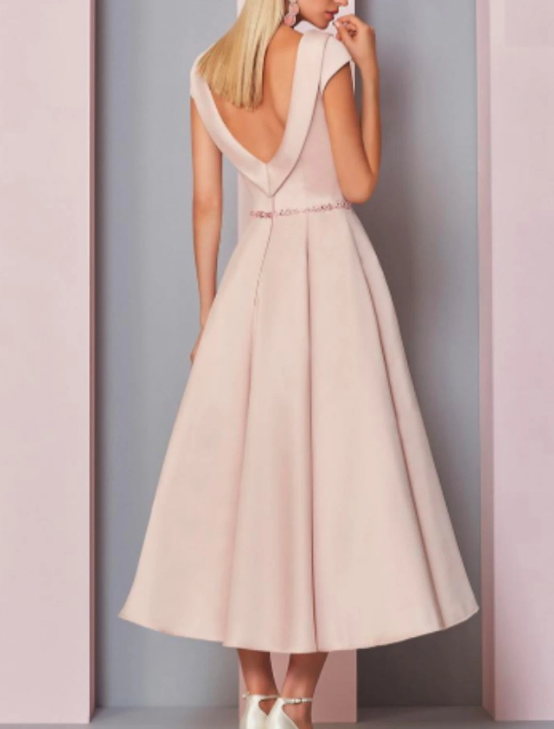 Wholesa A-Line Mother of the Bride Dress Wedding Guest Plus Size Cowl Neck Ankle Length Satin Short Sleeve with Crystals