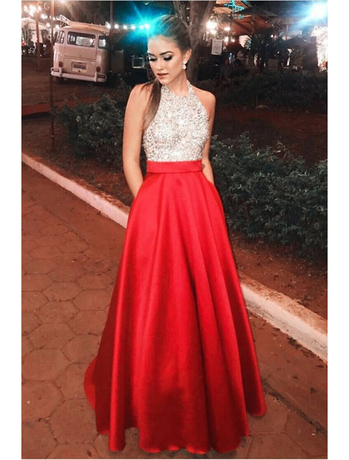 wholesale   A-Line Prom Dresses Color Block Dress Engagement Prom Floor Length Sleeveless Halter Neck Satin with Pleats Sequin