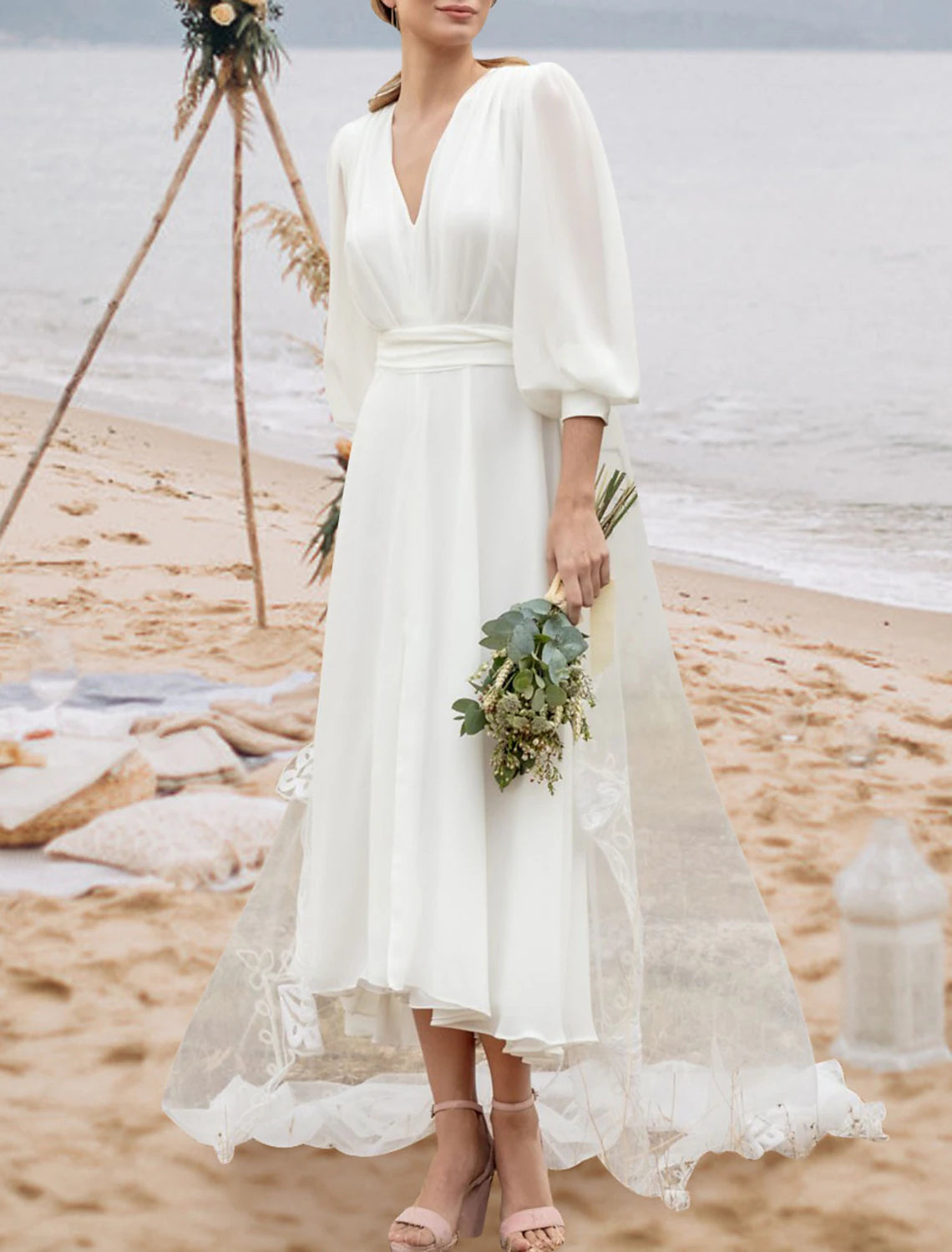 Wholesa  Little White Dresses Wedding Dresses A-Line V Neck Half Sleeve Asymmetrical Chiffon Bridal Gowns With Ruched Solid Color