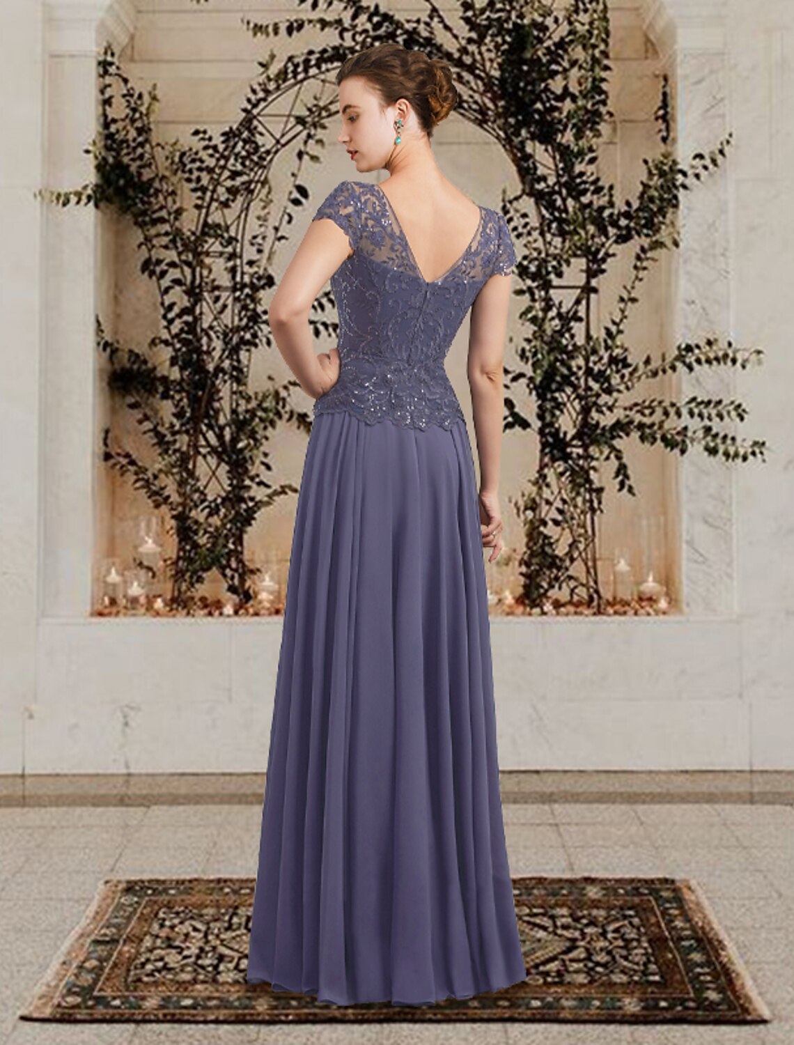 wholesale  A-Line Mother of the Bride Dress Plus Size Elegant V Neck Floor Length Chiffon Lace Sequined Short Sleeve with Pleats Appliques